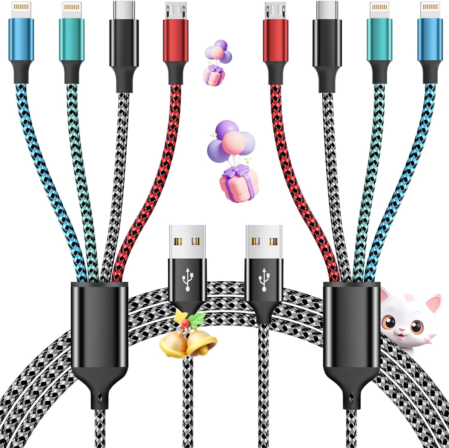 (2 Pack) 4 in 1 Charging Cables for Multiple Devices Nylon Braided