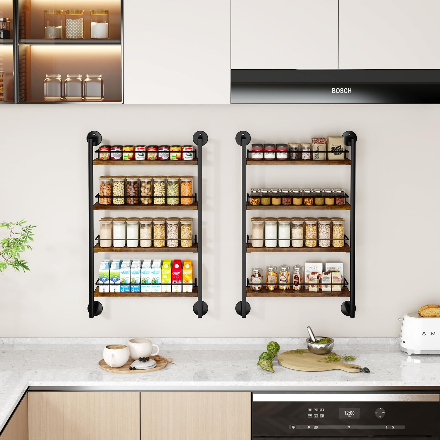IBUYKE LJ016H - Portaspezie da parete, 4 ripiani, grande organizer per spezie fino a 50 bicchieri, in legno, per cucina, porta armadio, bagno, dispensa, marrone