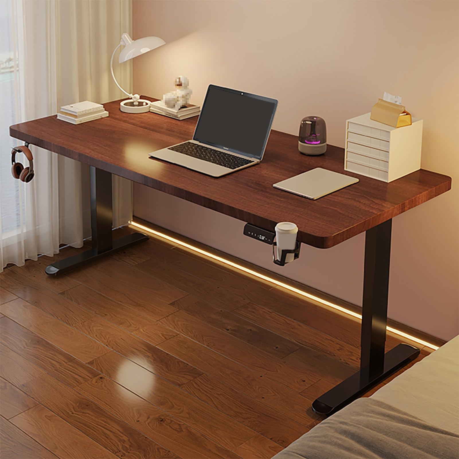 MYUYEE Adjustable Standing Desk, Gaming Computer Desk, Sit Stand Up Desk, With Cup Holder And Headphone Hook, Home Office Desk, Steel Frame (Brown-120X70Cm)