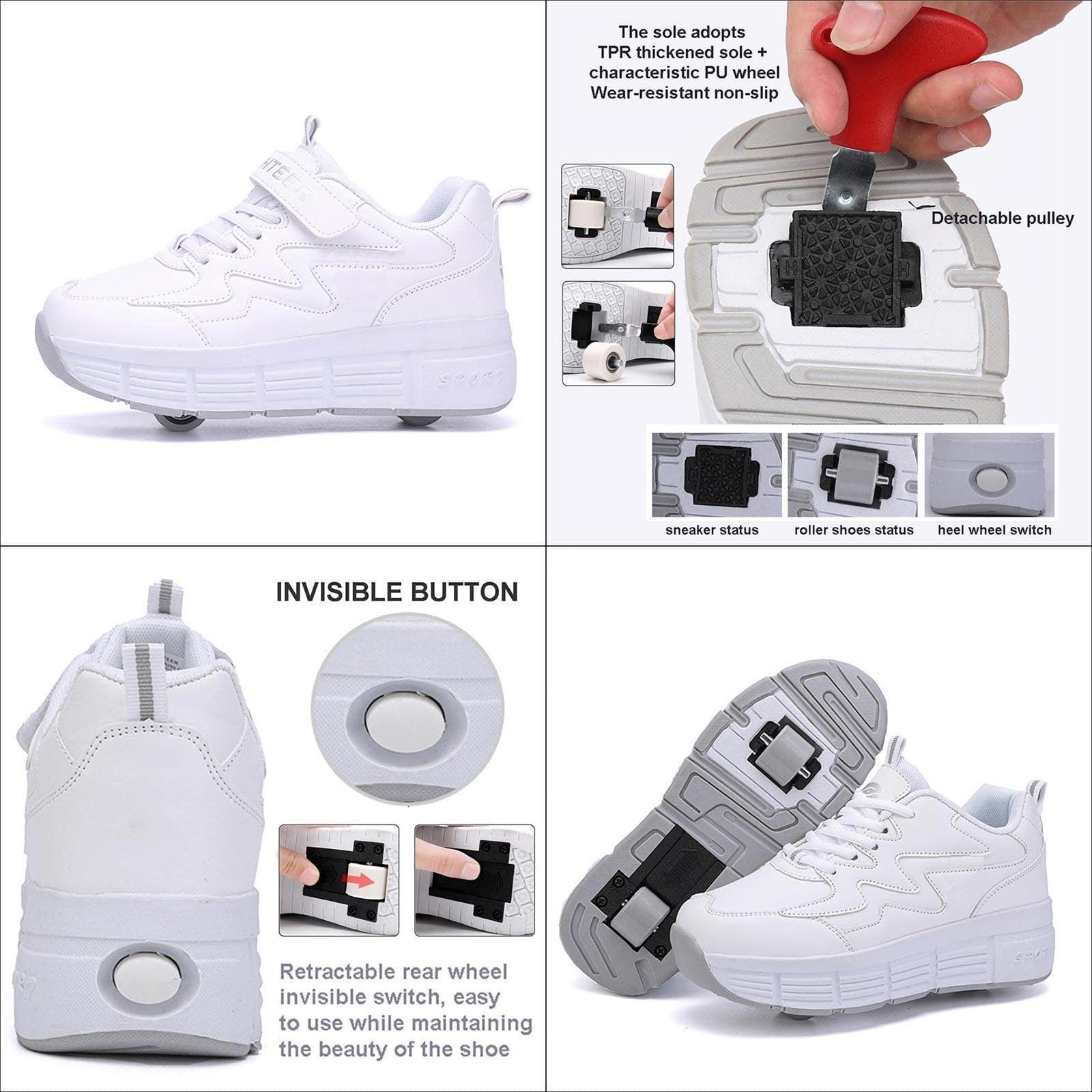 Buty z rolkami, opuszczane, techniczne buty skateboardowe, buty sportowe, dziecięce wrotki, buty sportowe dla chłopców i dziewczynek, 4 wrotki, czarne, rozmiar 32 UE