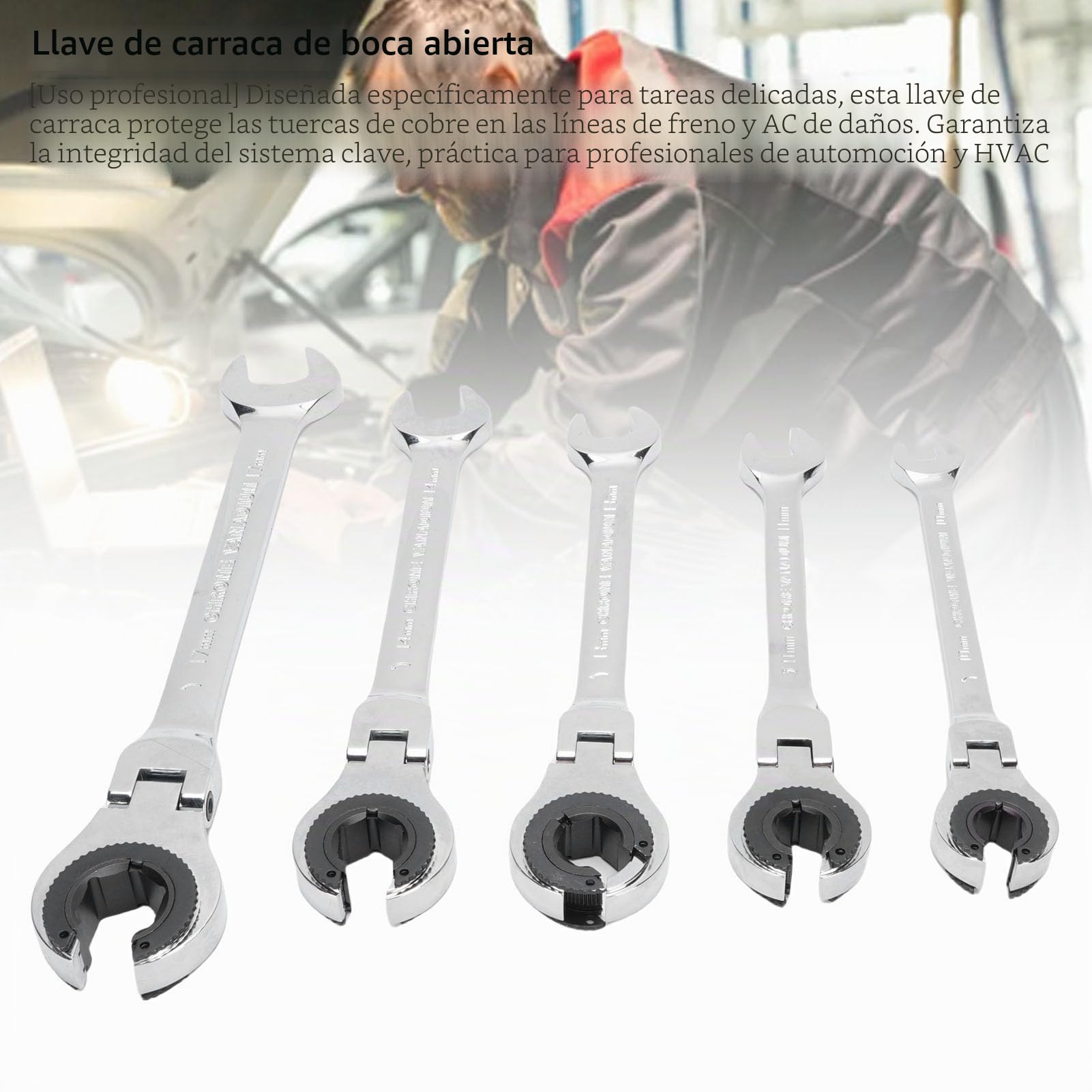 Juego de 5 Llaves de Carraca de Doble Boca con Cabezal Flexible, 10 11 13 14 17 mm Acero CR V 72 Dientes Ajustable a 180 Grados para Mantenimiento de Automóviles