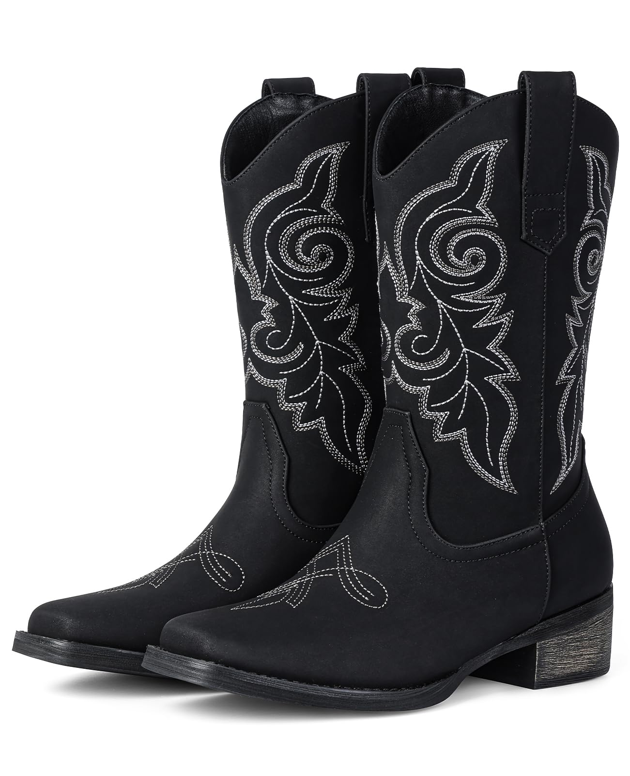 Pasuot Western Cowboy Boots for Women - Square Toe Mid Calf Cowgirl Boots, Low Chunky Heel Country Boot with Classic Retro Embroidery Pull On for Ladies Rodeo Festival Concert Daily Outfits 11 Black
