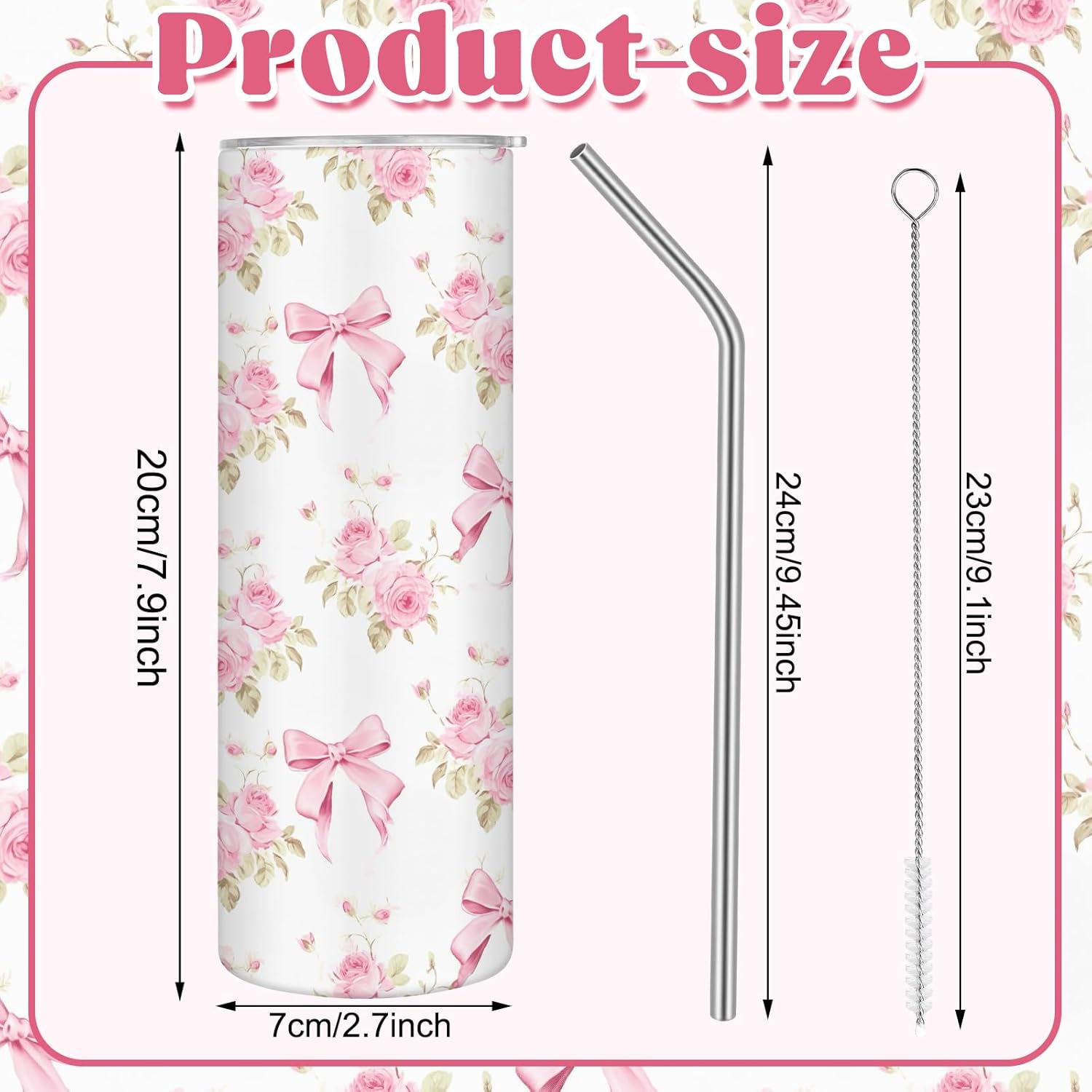 Geiserailie Coquette Pink Bow Tumbler 20oz Vintage Bow Floral Stainless Steel Coffee Cup with Lids and Straws Back to School Gifts Aesthetic Flower Tumbler for Women Friend Birthday Party - Image 2