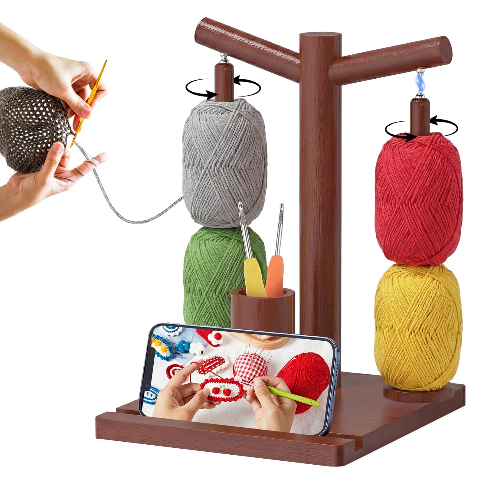 Yarn Holder, Double Rotating Magnetic Wooden Wool Ball Holder Crochet Knitting Yarn Feeder with Crochet Cup & Phone Stand Wool Unwinder for Knitting Crochet Lovers，Brown