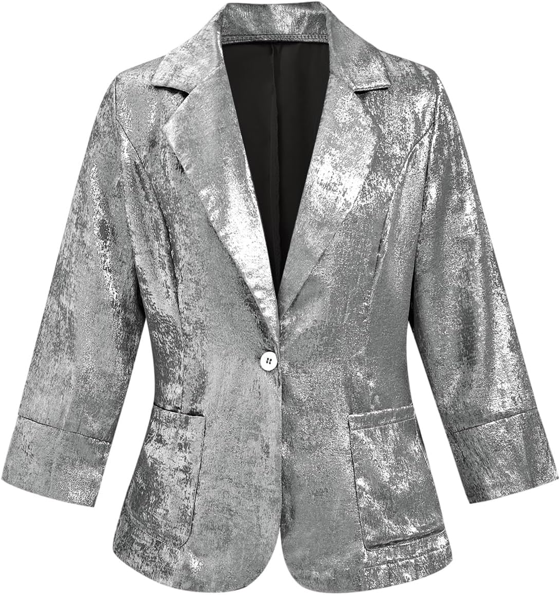Women's 3/4 Sleeve Notched Lapel Collar Button Front Blazer Shiny Party Jacket with Pockets