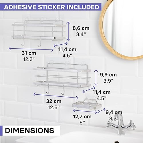 Miniatura 7 de KINCMAX Organizador de ducha y soporte para jabón, acero inoxidable SUS304, montaje en pared adhesivo, cestas dobles, paquete de 2 con ganchos