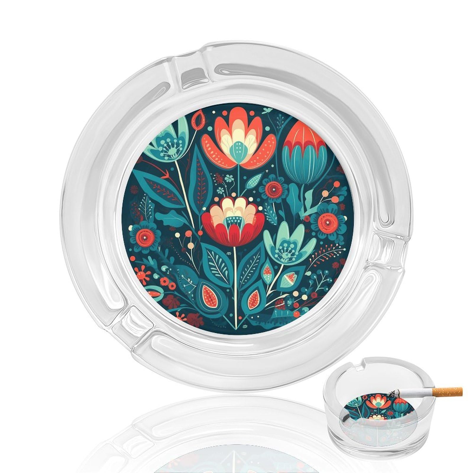 Folk Blue Flowers Glass Ashtray for Cigarette,Cigarette Ashtray for Indoor Or Outdoor Use,Cigar ash trays case with 3 Notches-Glass Decor Gift for Men Smokers