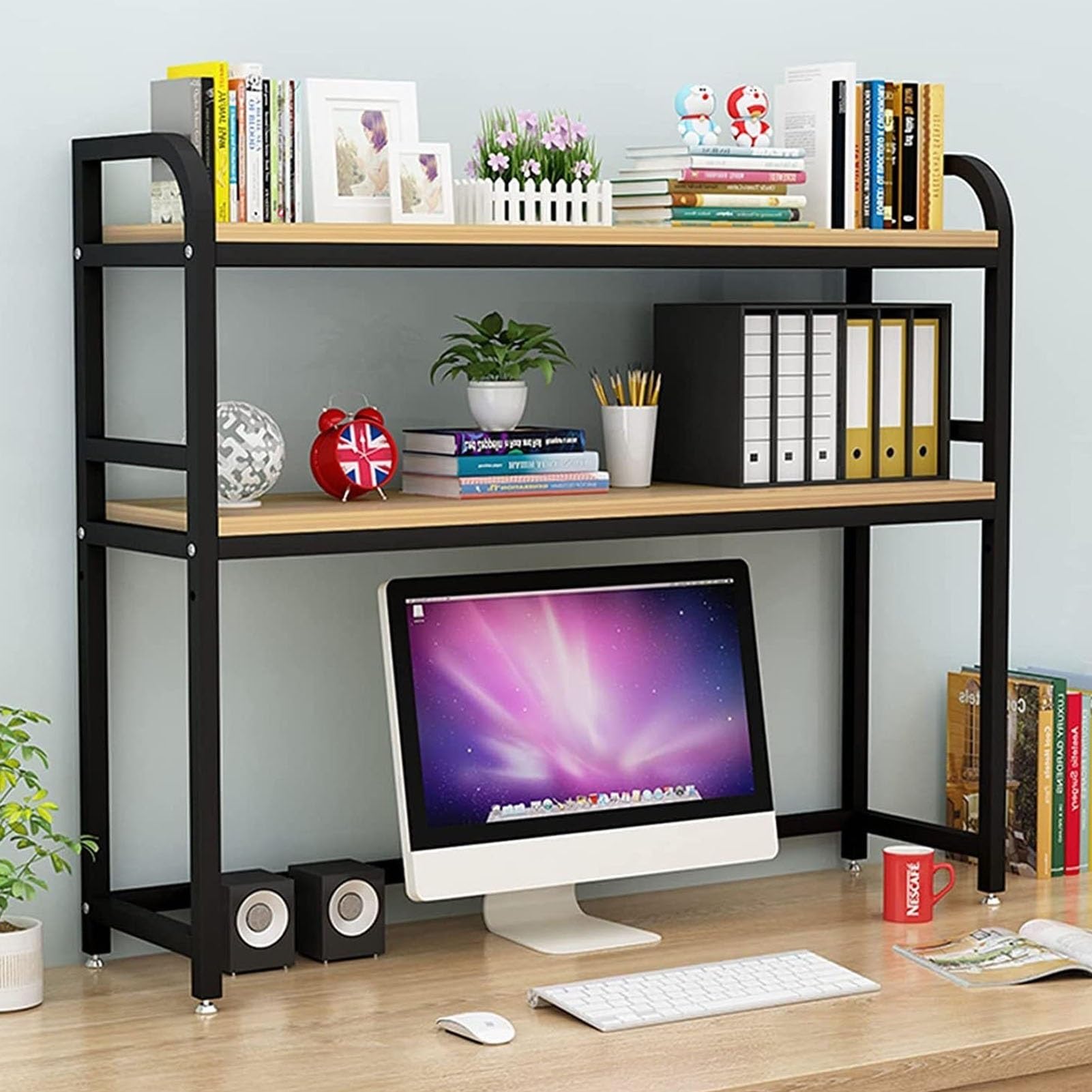 Adjustable Desk Bookshelf Organizer Rack Desktop Bookcase for Computer Desk 2 Tier Industrial Desktop Bookshelf Office Supplies Organizers