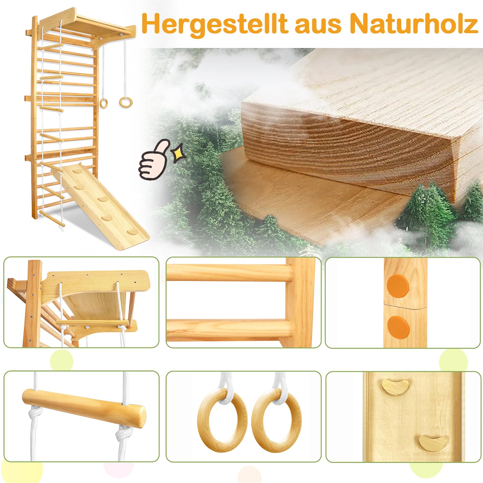 LARS360 Multifunktions Sprossenwand Set für Kinder, Holz Klettergerüst Indoor - Kletterwand, Klettergerüst, Turnwand - Bestes Fitnessstudio für alle Familie, Sportgeräte ab 3 Jahre
