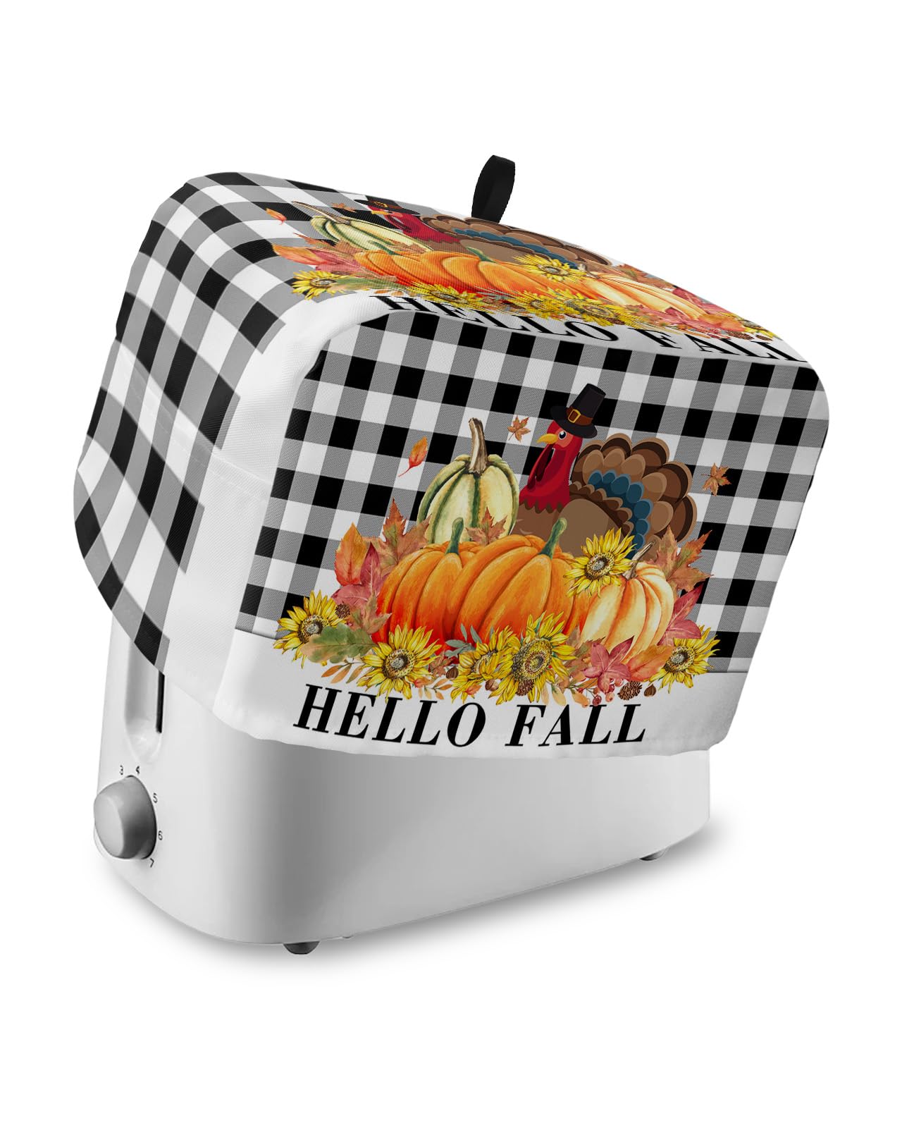 Fall Toaster Cover 2 Slice Hello Fall Toaster Oven Cover with Pockets Turkey Pumpkin Black Plaid Checkered Small Kitchen Appliance Thanksgiving Dust Covers and Fingerprint Protection