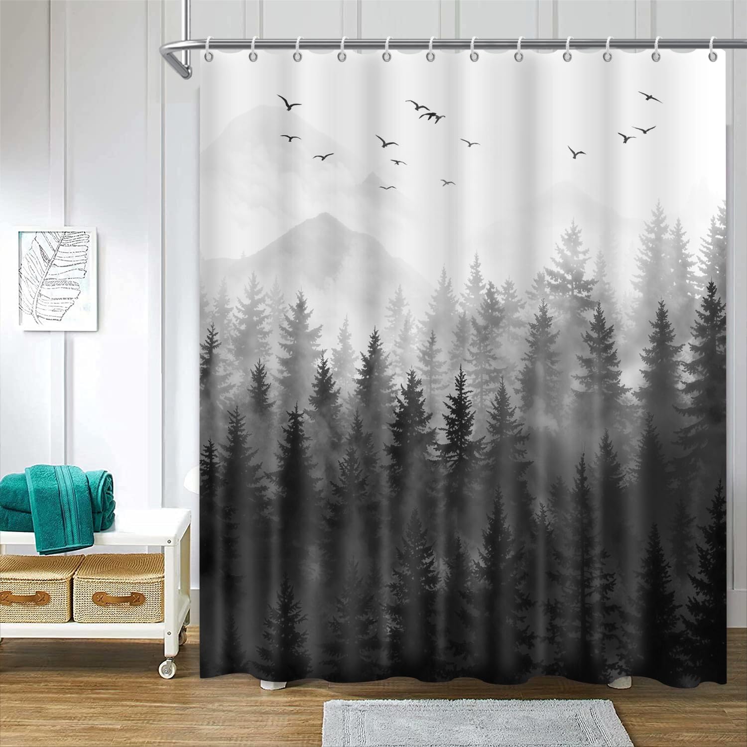 ChloropLastid Nature Forest Shower Curtain Black Woodland Pine Tree Landscape Bathtub Curtain Bath Decor Waterproof Polyester Fabric with Hooks 72x84
