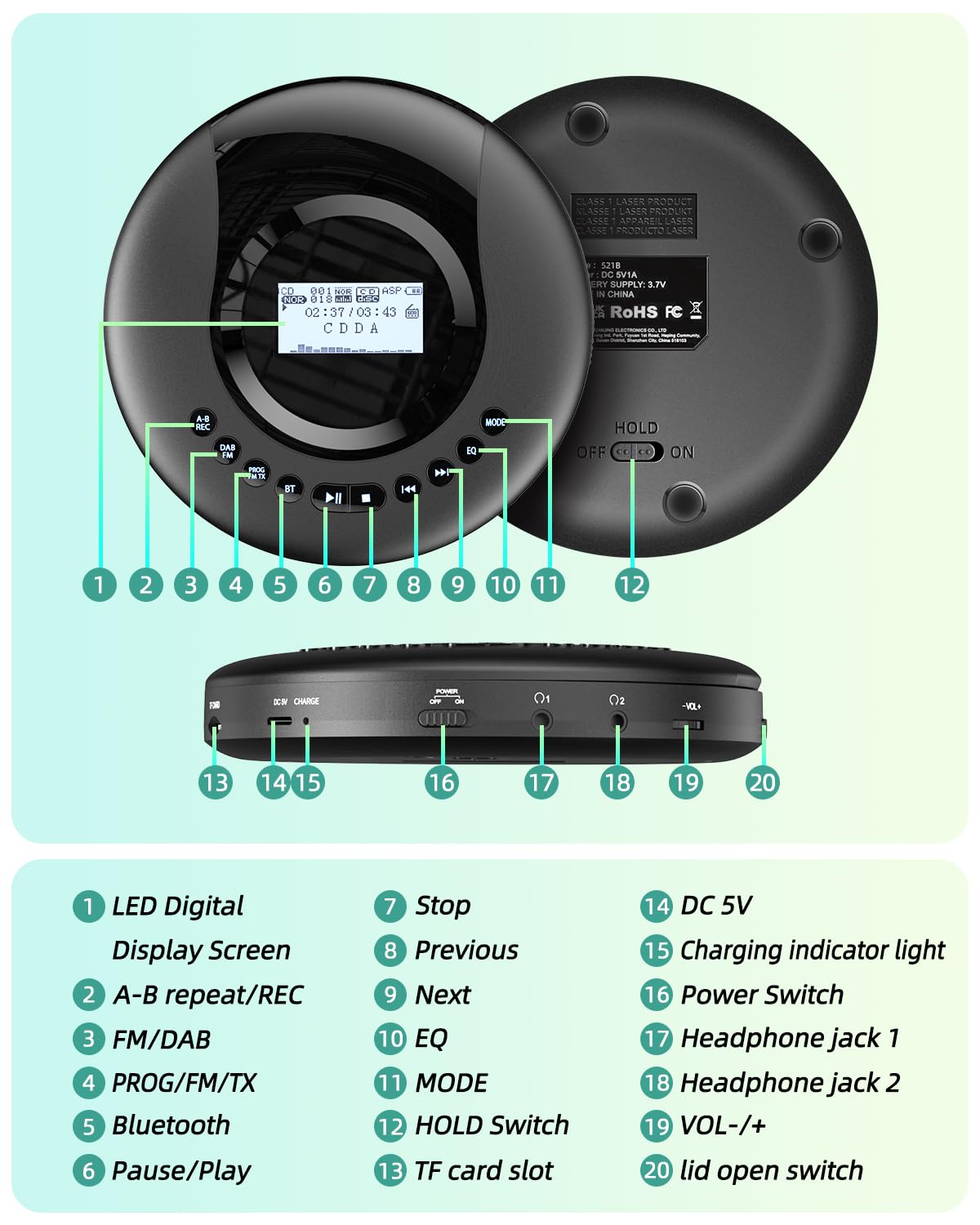 Arafuna Lecteur CD Portable - Discman - Radio Dab+/FM - CD, CD-R/RW, Lecteur CD Bluetooth avec Fonction Livre Audio - Antichoc - Batterie intégrée 2000 mAh - Noir