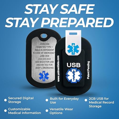 Miniatura 3 de Collar de alerta médica USB de 2 GB - 2 x 1.25 pulgadas - Collar de acero inoxidable grabado con placa de identificación médica - Collar de alerta