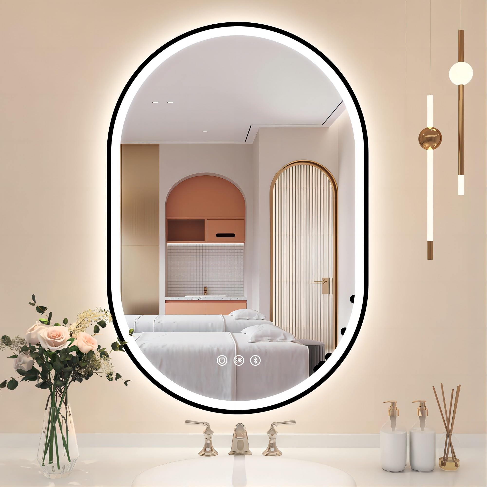STARLEAD Espejo-Baño-Ovalado-con-Luz 60 x 90 cm, Espejos-de-Baño con Bluetooth, Antivaho, Regulable, 3 Colores Luz, Función Memoria, IP44 Vidrio Templado Negro Espejo-Baño-LED, Horizontal/Vertical