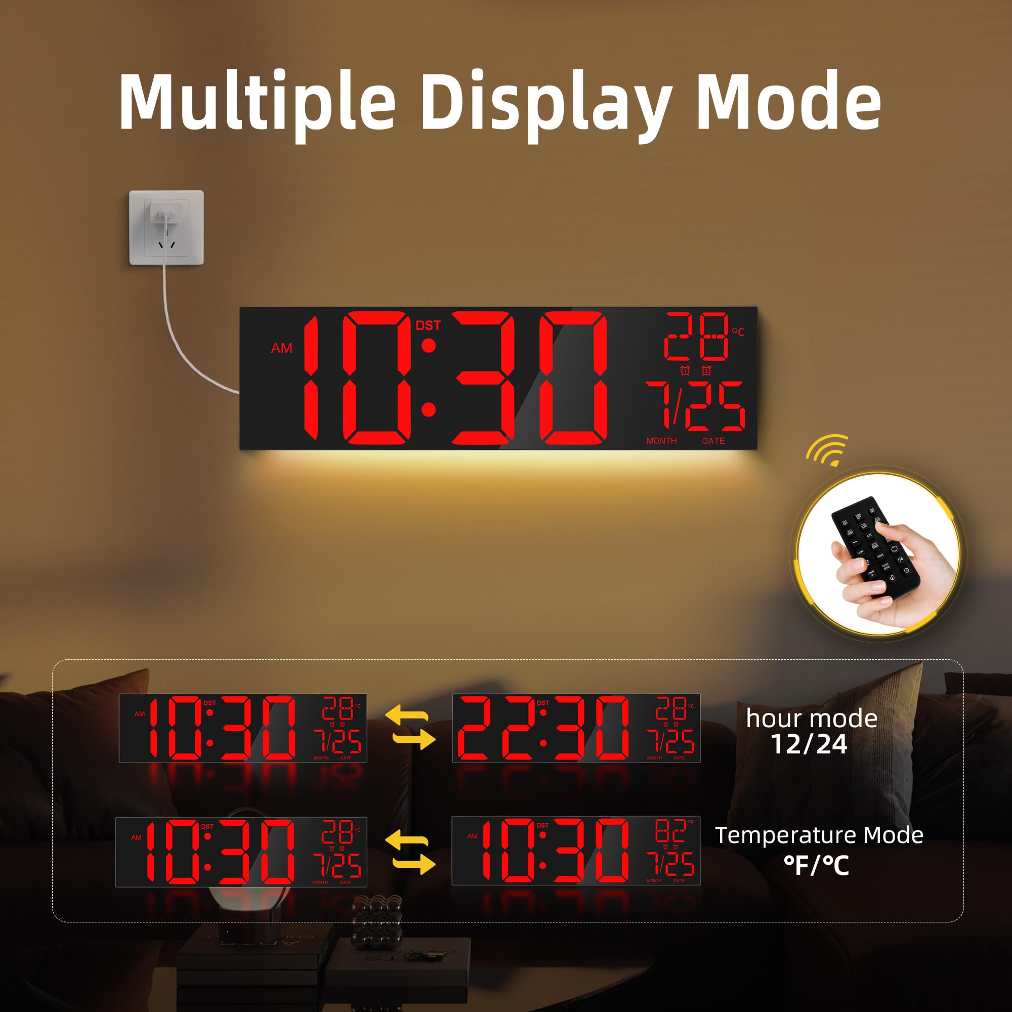 MAXSTAR 30 "Reloj de pared digital extra grande con pantalla LED roja/azul/blanca y control remoto, alarmas duales,temporizador,DST,temperatura, luz nocturna para sala de estar/oficina/tienda/gimnasio