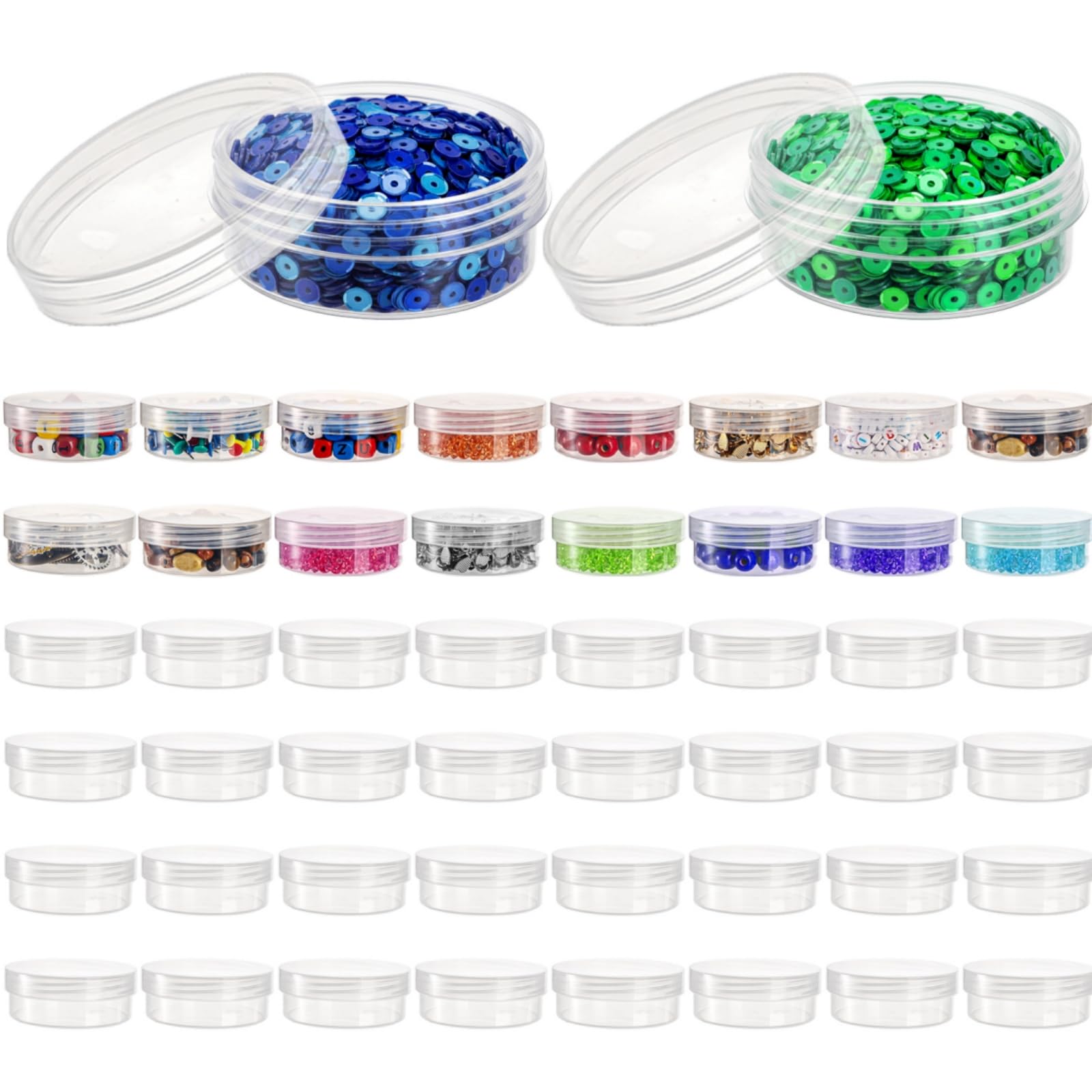 Covzoe 50 Pieces 2 Oz Plastic Jar with Lids, 50G/50ML Clear Round Bead Storage Container, Small Stackable Cosmetic Storage Organizer Box for Buttons, Glitter, Jewelry, Makeup, Small Items