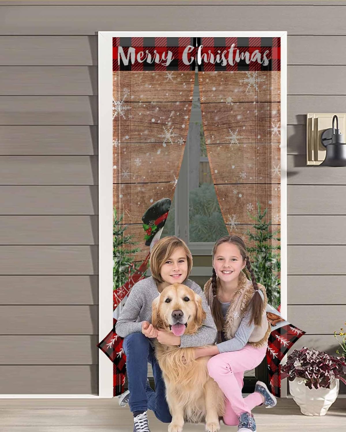 Merry Christmas Magnetic Screen Door, Vintage Snowman Elk Pine Wooden Plaid Hands Free Screen Mesh Size 38" x 83", Reinforce Heavy Duty Mesh Screen Doors for Patio/Front/Sliding Door