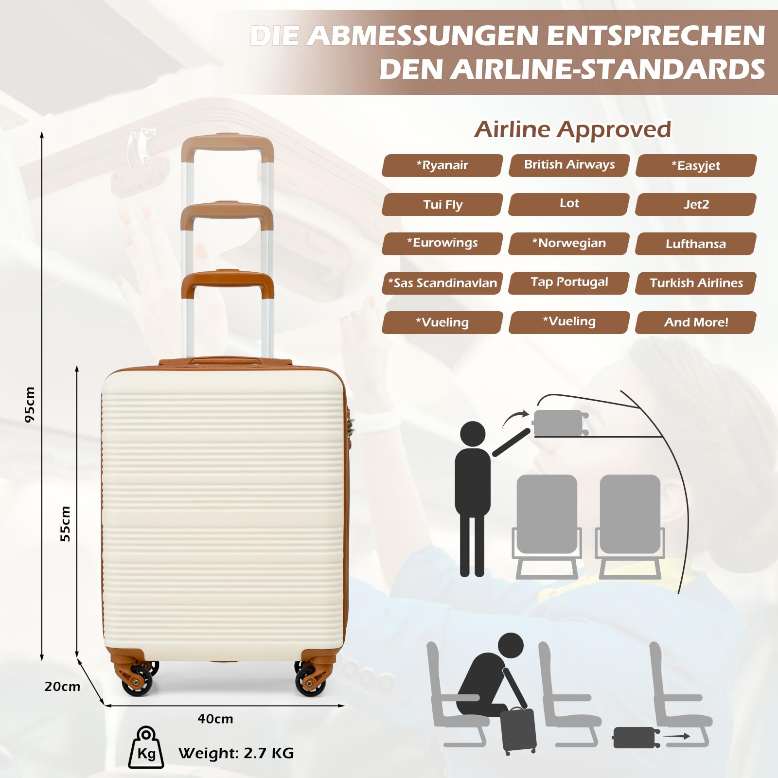 COOLIFE Handgepäck Koffer 55x40x20cm für Ryanair & Easyjet mit 4 Silent Spinner Rädern & TSA-Schloss – ABS-Hartschale, Leicht Handgepäck