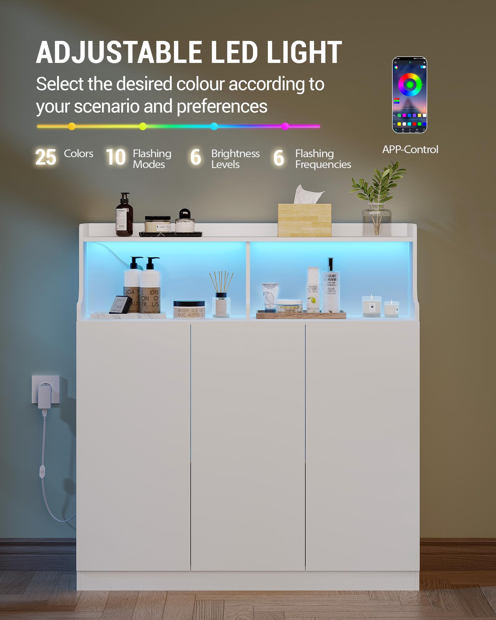Hzuaneri Mobile Bagno, Luci LED Regolabili, 3 Anta, 2 Spazio Aperto, Ripiani Regolabili, Grande Capacità di Stoccaggio, Moderno, per Soggiorno o Bagno, Dimensioni, 30 x 100 x 107 cm, Bianco 5210003XEU