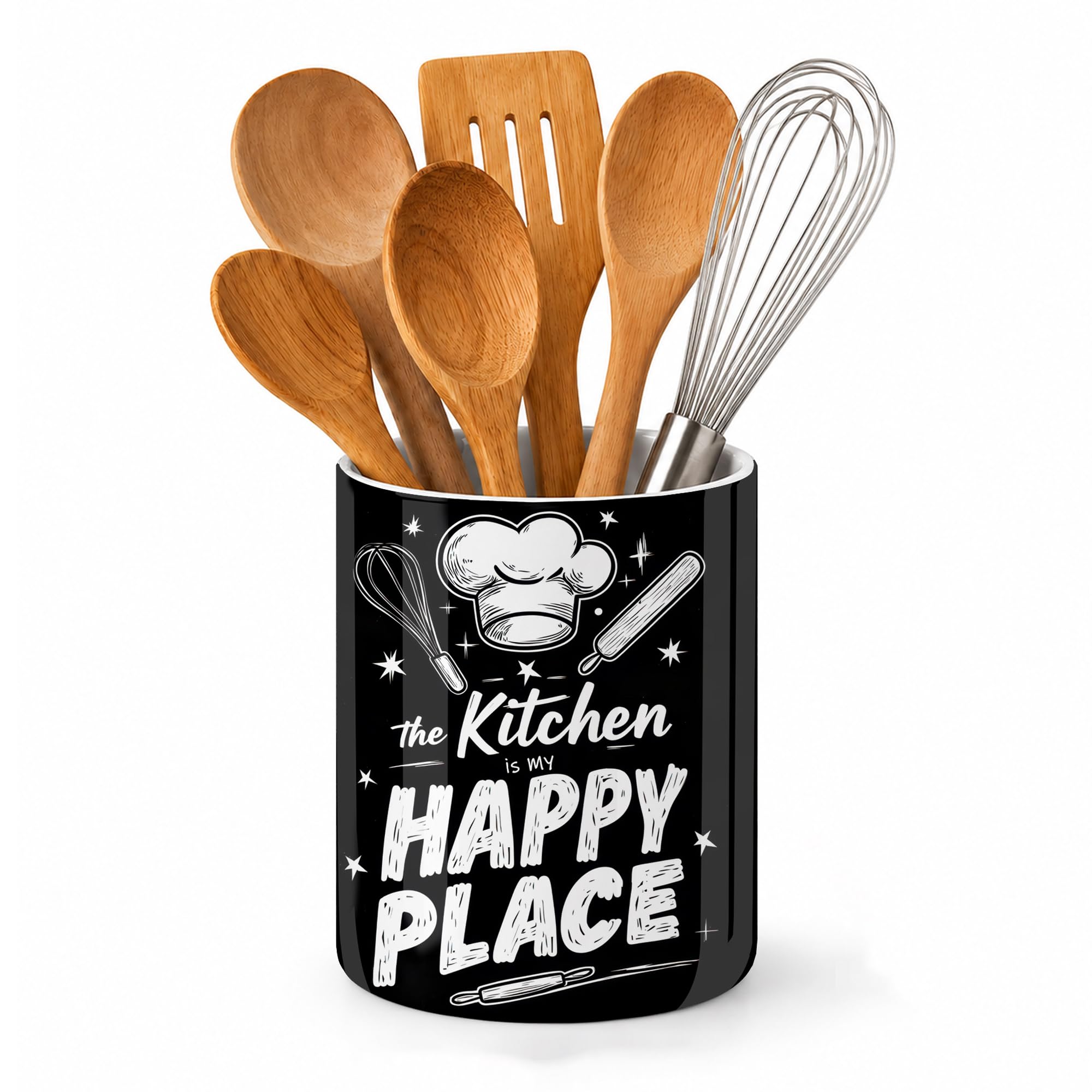 Axxitude The Kitchen Is My Happy Place Kitchen Utensil Holder, Large Ceramic Utensil Crock For Countertop,Cooking Utensil Organizer For Spatulas,Spoons