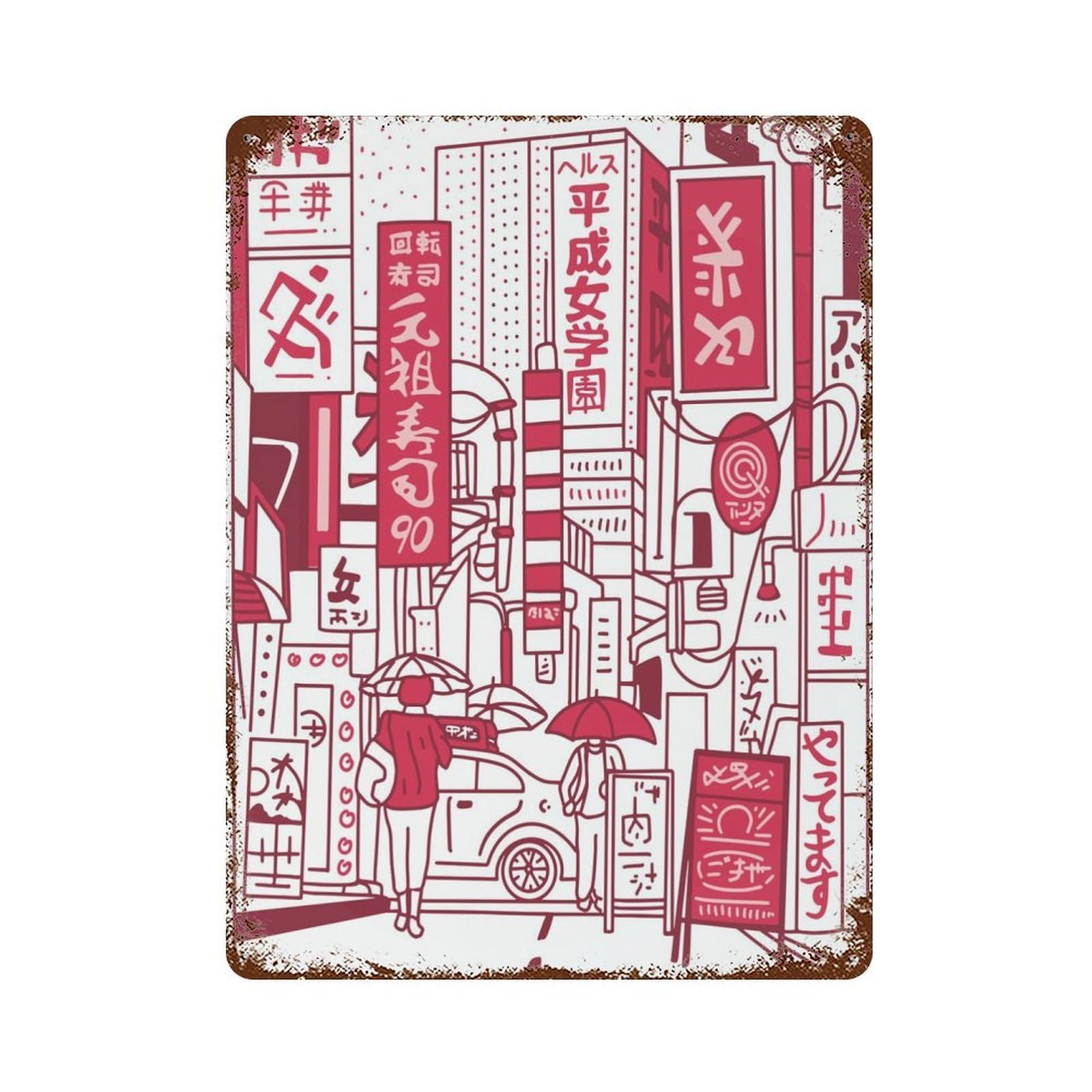 Rusty Metal Tin Sign with Tokyo Vaporwave Design 15.7"x11.8", for Garage, Bar And Workshop Decor, Decorative Metal Wall Art