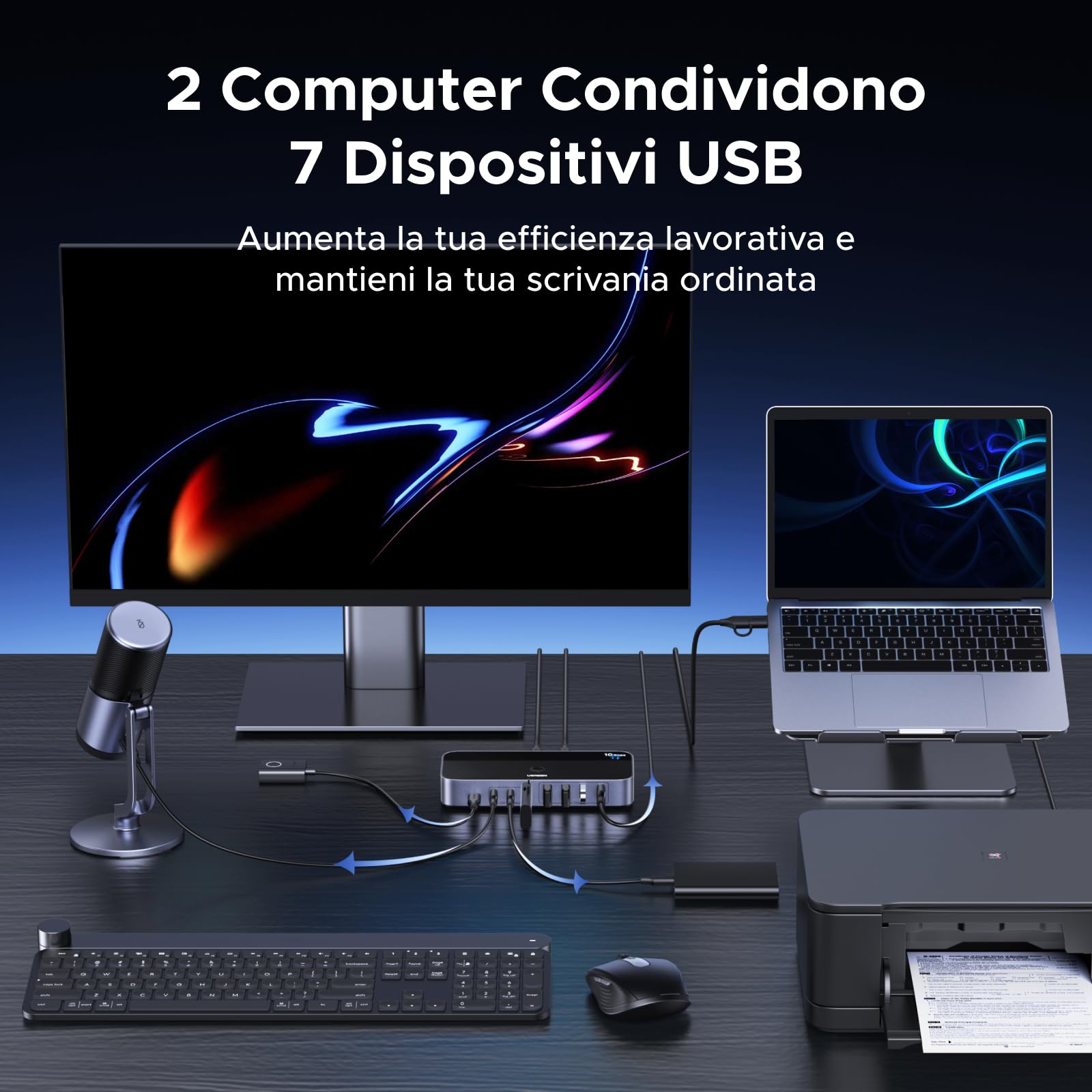 UGREEN Switch USB C 3.2 10 Gbps 2 in 7 Out Commutatore KVM | Condividono 7 USB, 4A3C, per Tastiera, Mouse, Disco Rigido, Stampante, Scanner, Microfono, con Alimentatore DC 12 V