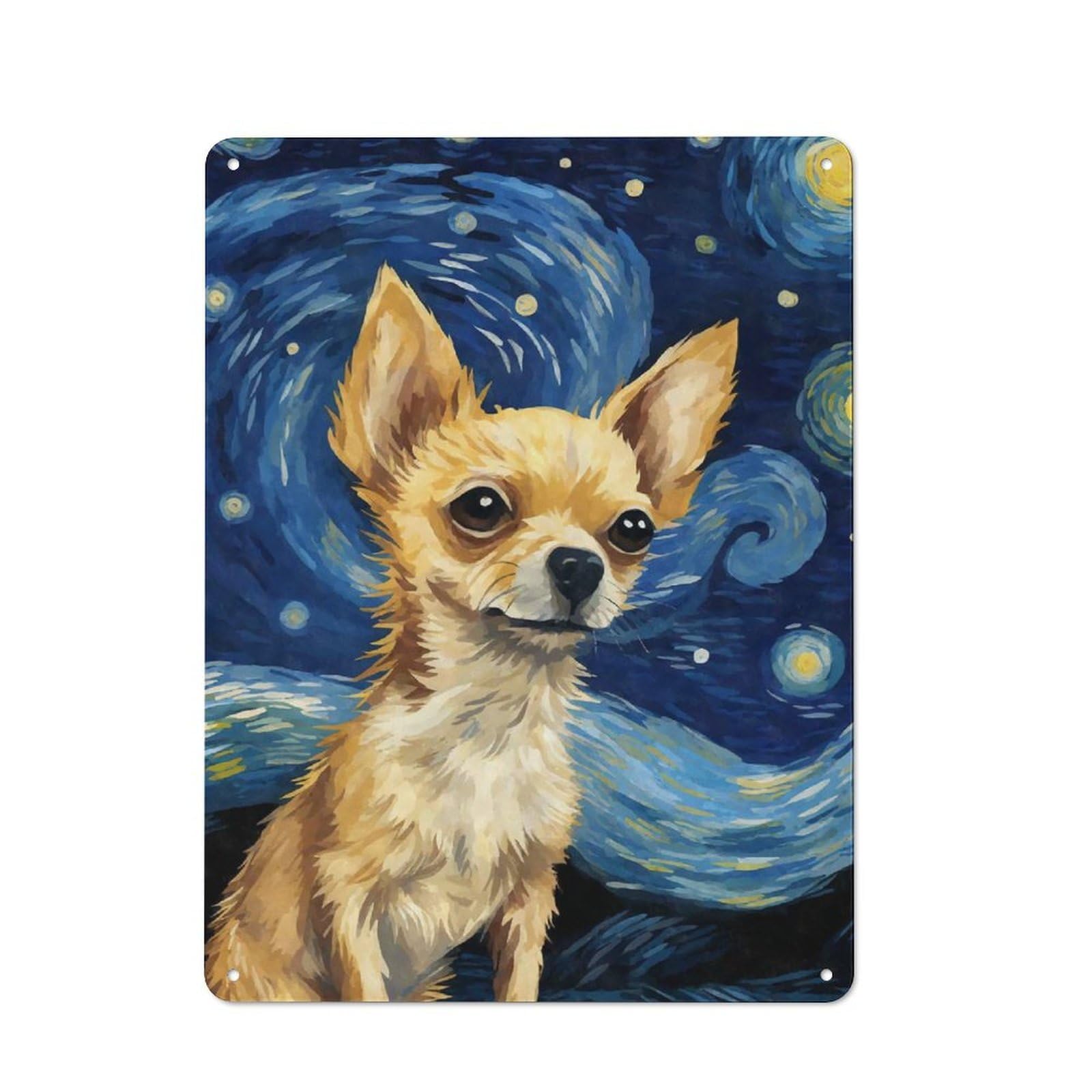 Junmoney Style-24 Chihuahua Starry Night Cottage Style Metal Wall Decor 40X30cm, Tin Wall Plaque For Kitchen, Cottage, Porch Or Garden Room