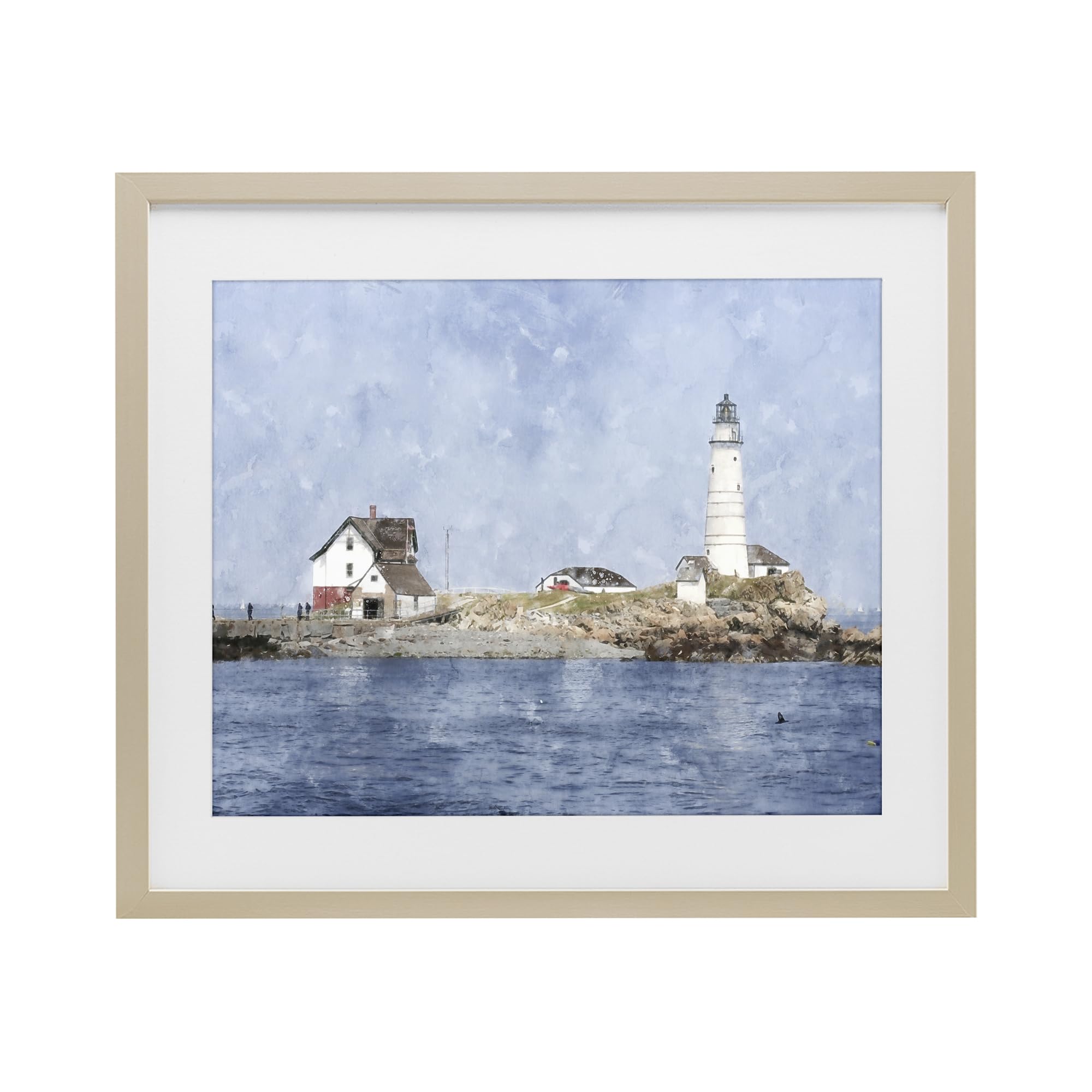 Stupell Industries Serene Coastal Lighthouse Island 'Picturesque Lighthouse Island', Framed Print Under Glass, Brown, 21 X 17 Inches, Easy To Hang And Sturdy, Made In Usa, By Kim Curinga
