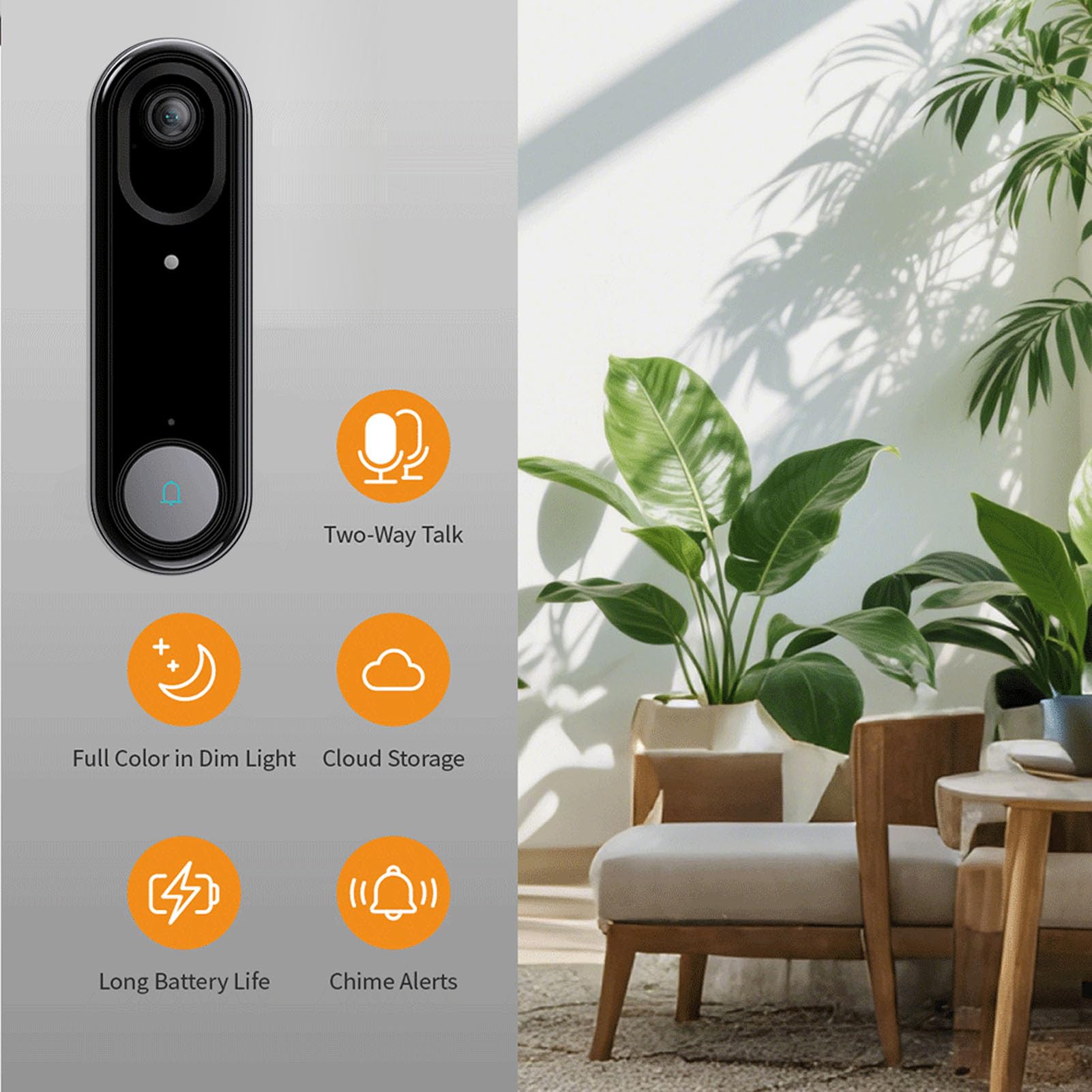 Videocitofono con Videocamera 120° Grandangolo, Batteria | ABS in Metallo, Sicurezza Domestica, Conversazione Bidirezionale, WiFi 2,4 GHz, Compatibile con e IOS, Ricarica Tramite