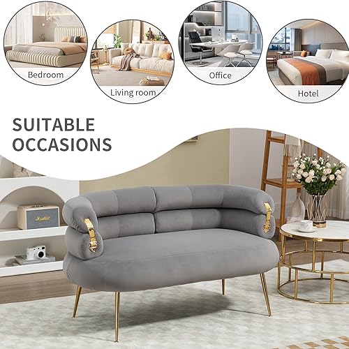 Miniatura 7 de Mini sofá moderno, sofá biplaza tapizado de terciopelo con diseño de respaldo curvo, sofá pequeño con patas de metal dorado para sala de estar,