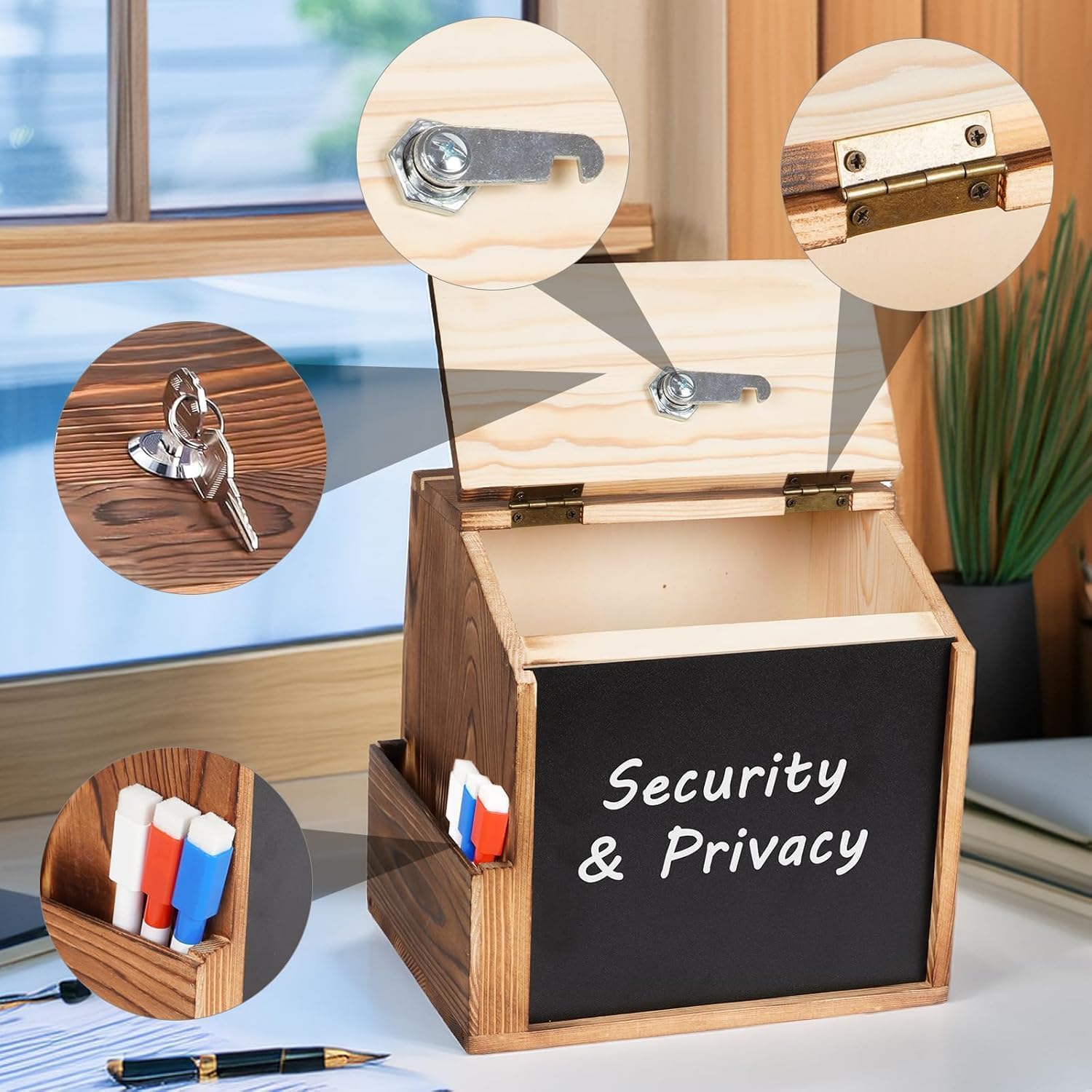 Wood Suggestion Box with Lock & Keys, Locking Donation Box with Chalkboard & Acrylic Sign Holder - Wall Mounted Prayer/Comment Box for Church, Office, Wedding, Restaurant