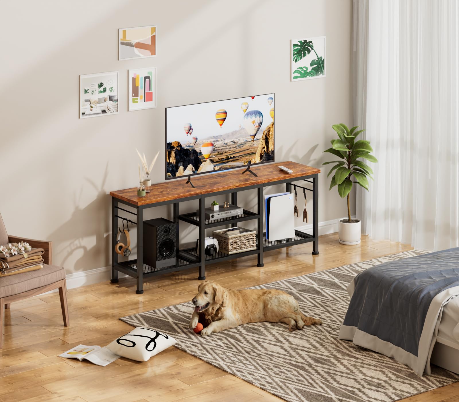 Furologee TV Stand for TVs up to 55 Inch, Entertainment Center with Open Storage Shelves, TV Media Console Table with Soundbar Shelf for Living Room, Bedroom, Rustic Brown