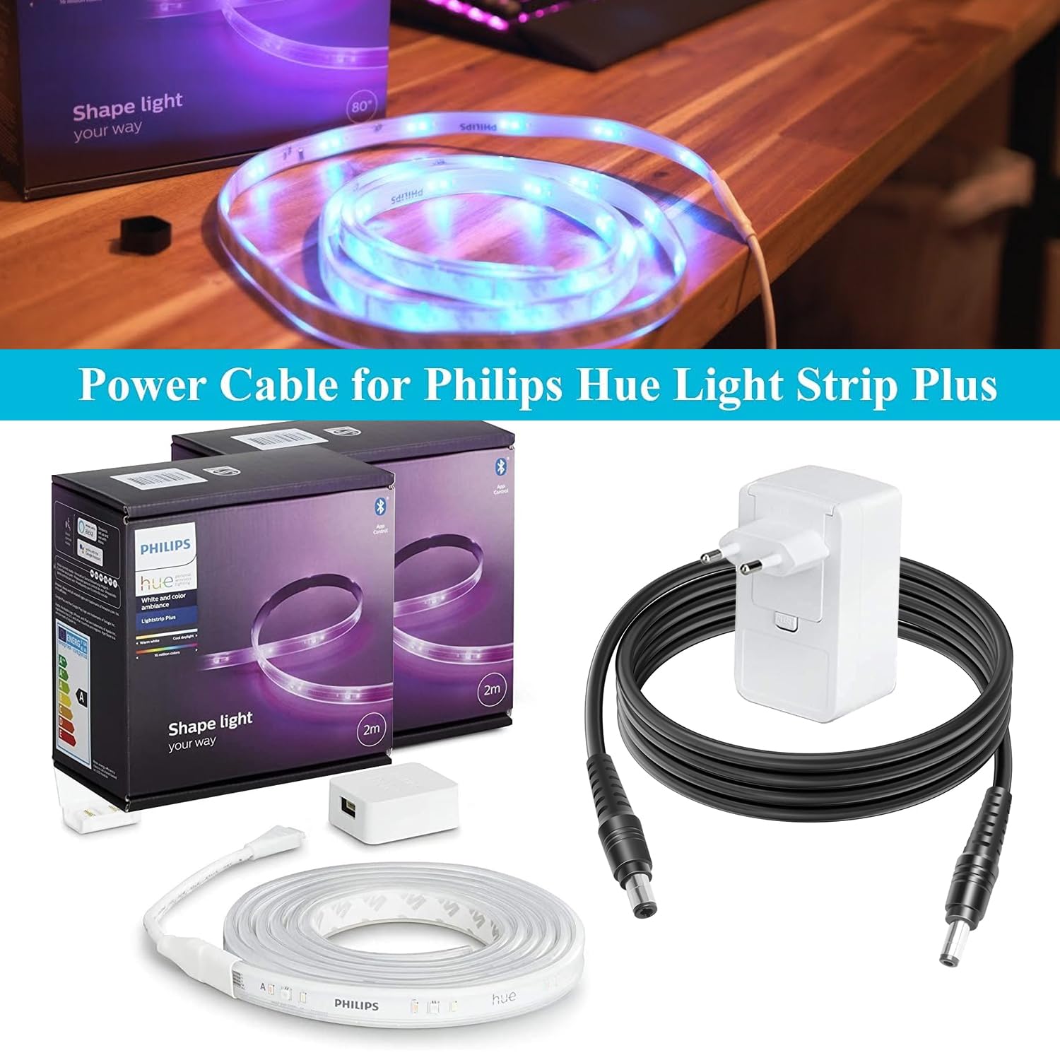 Cable de extensión de alimentación al Controlador para Philips Hue Lightstrip Plus, Base de gradiente Lightstrip, Philips Hue Lightstrip Plus v4 v3, Cable de alimentación de extensión Philips 16 pies