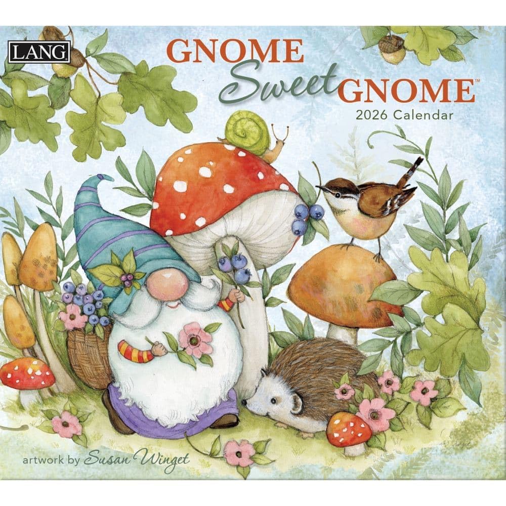 Lang Gnome Sweet Gnome Calendrier mural 2026 – Calendrier de 12 mois avec reliure agrafée, illustration de nain fantaisiste par Susan Winget, papier gaufré en lin, 34 x 30 cm