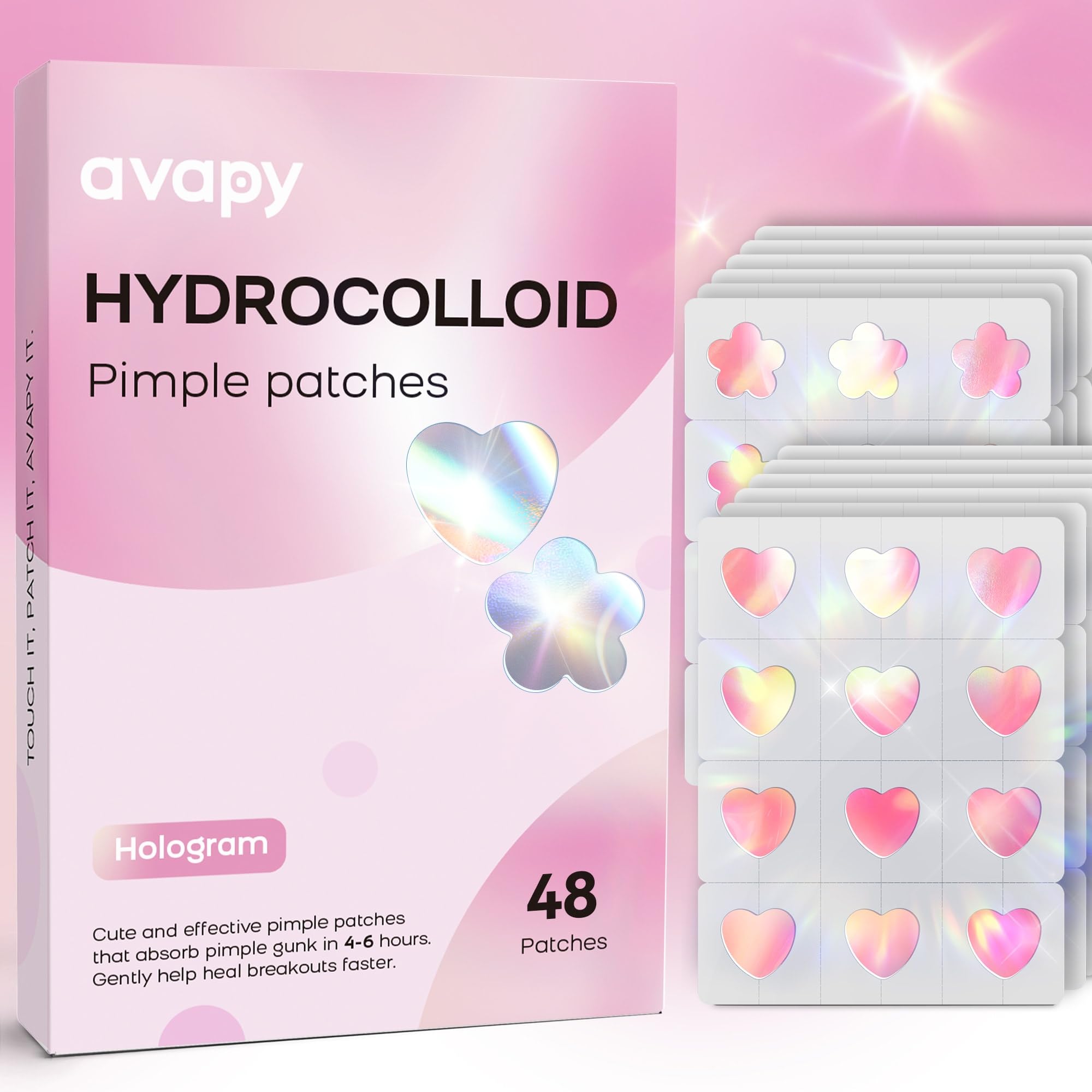 AVAPY Pimple Patches for Face, Cute Hydrocolloid Acne Patches, Colorful Hologram Heart Sport Stickers, Zits & Blemish, Pimple Patch with Salicylic Acid, Pink Heart Flower 12MM (48 Count)