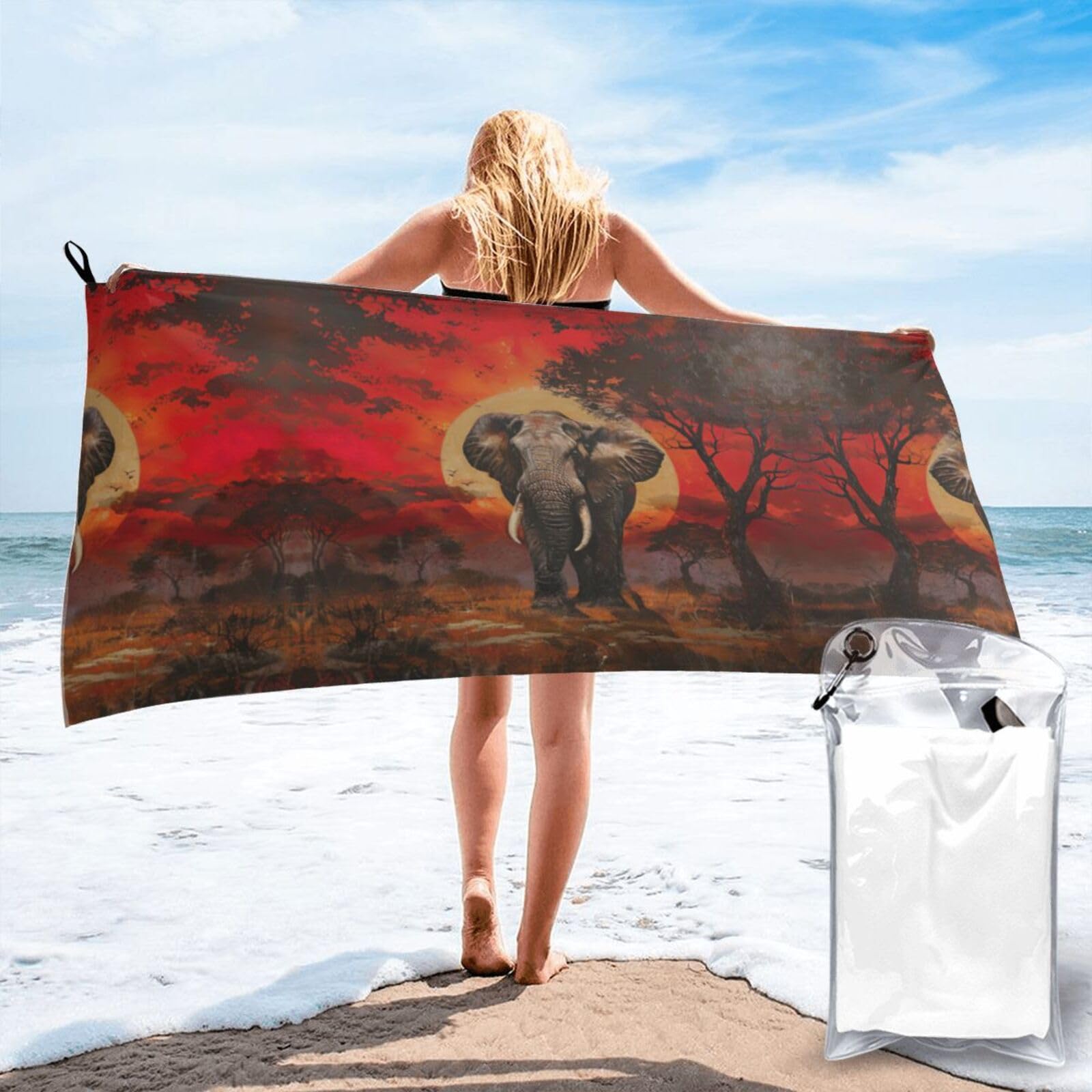 DIEzig Elephant Sunset Print Beach Towel Fast Dry Thin For Holiday Vacation Cruise Gym Swimmers