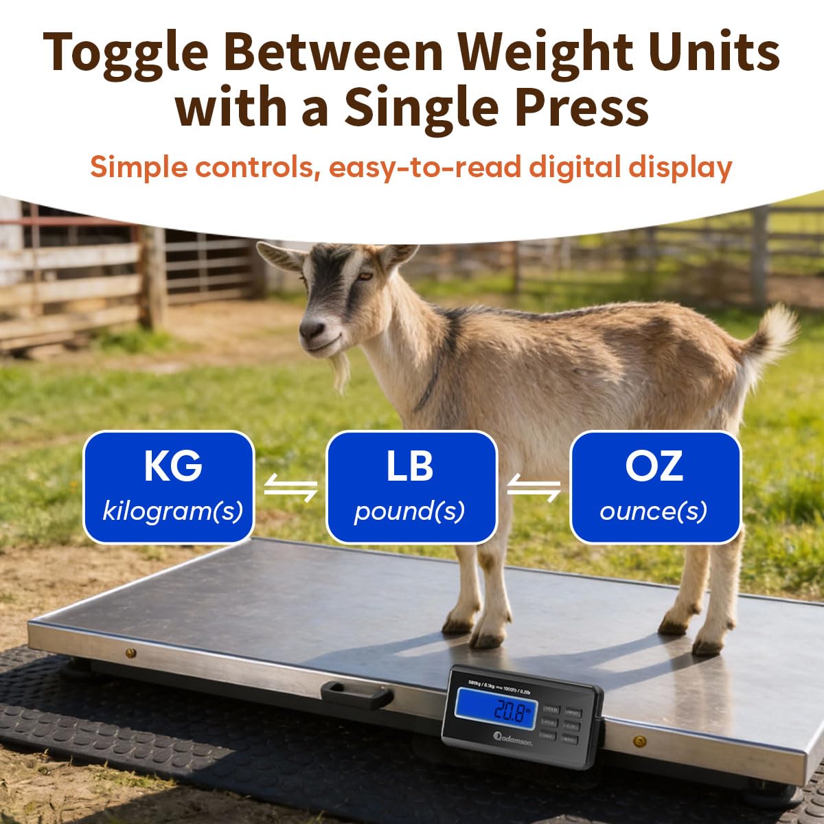 Adamson Livestock Scale 1100 lb / 500 kg – Heavy Duty Digital Dog Scales for Large Breed, for Sheep, Pigs, Goats – Tare, Hold & PCS – Battery or AC Powered (Batteries & Power Adapter Included)