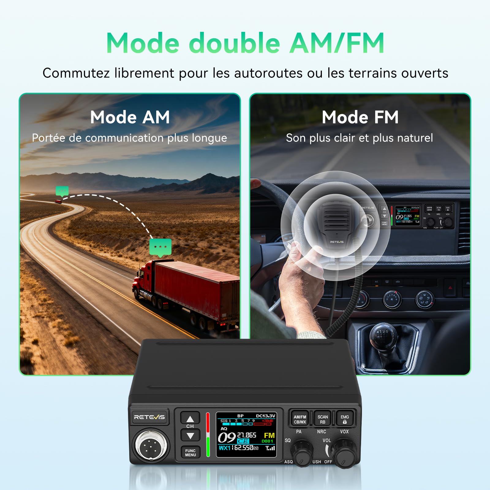 Retevis MB63B Radio Portable CB avec NRC, TFT écran Couleur CB Radio, 12/24V, AM/FM, CTCSS/DCS, Gain RF/MIC, EMG CH9/19, 40-Canaux, VOX, CB Portable Longue Portée pour Les Déplacements(1 Unité, Noir) - 2