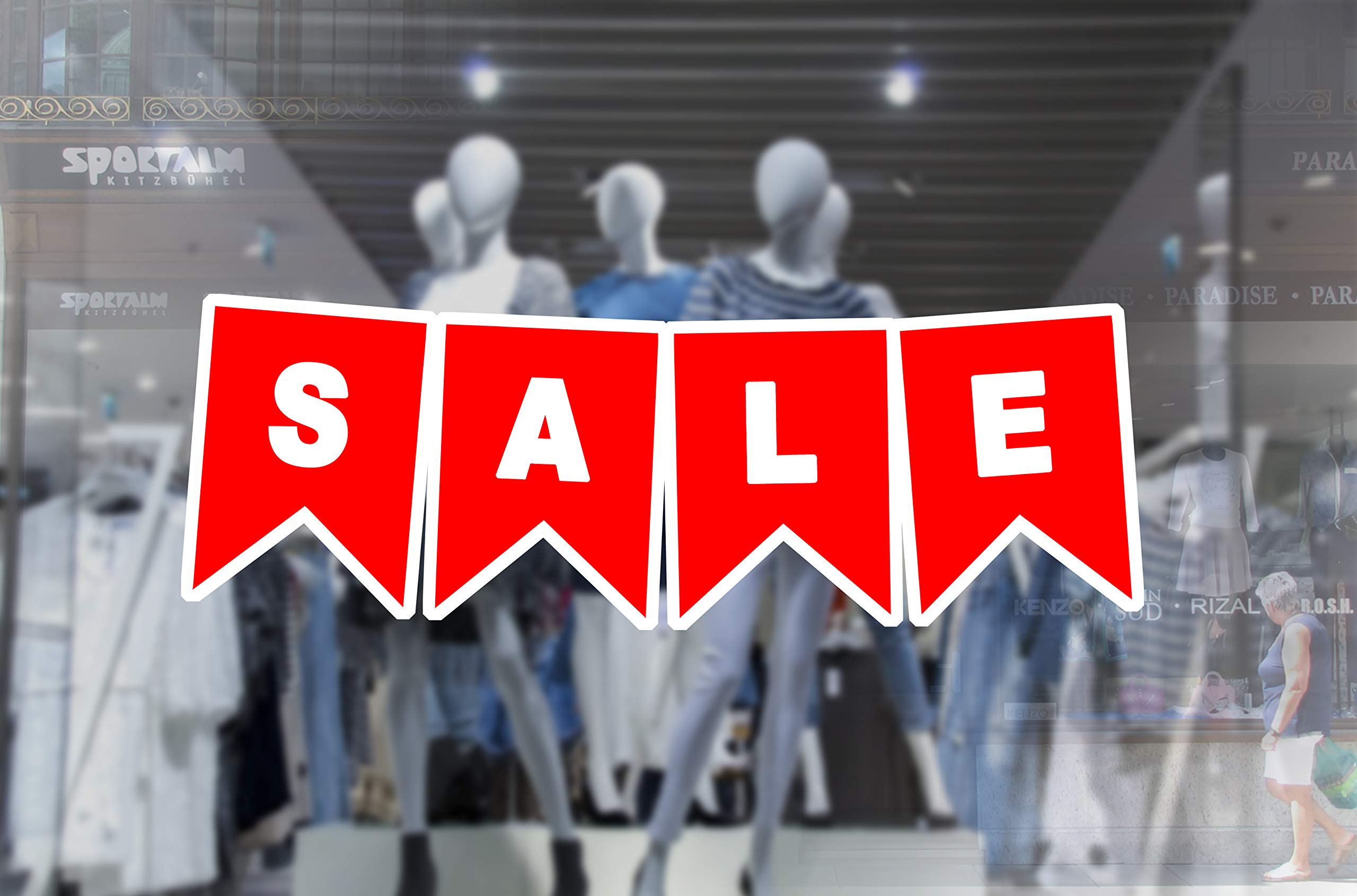 Party_decor Red,White 2 X Wall Window Display Sale Sticker - Sale Bunting Banner - White Print On Red Vinyl Cut Out - Self Adhesive Weather Proof Vinyl Sticker Label