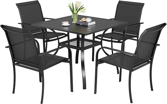 5-Piece Patio Dining Set,4 Person Outdoor Table and Chairs Set, 4 Metal Dining Chairs and Square Outdoor Table with 1.57" Umbrella Hole,Black