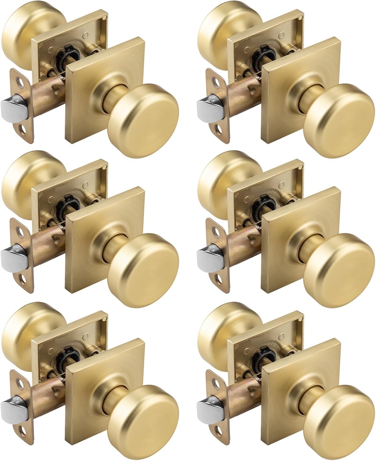 6 Pack Gold Interior Door Knobs for Hall & Closet, Pismo Doorknob with Square Rosette, Heavy Duty Passage Door Handle for Satin Brass 6 Hall Satin Brass