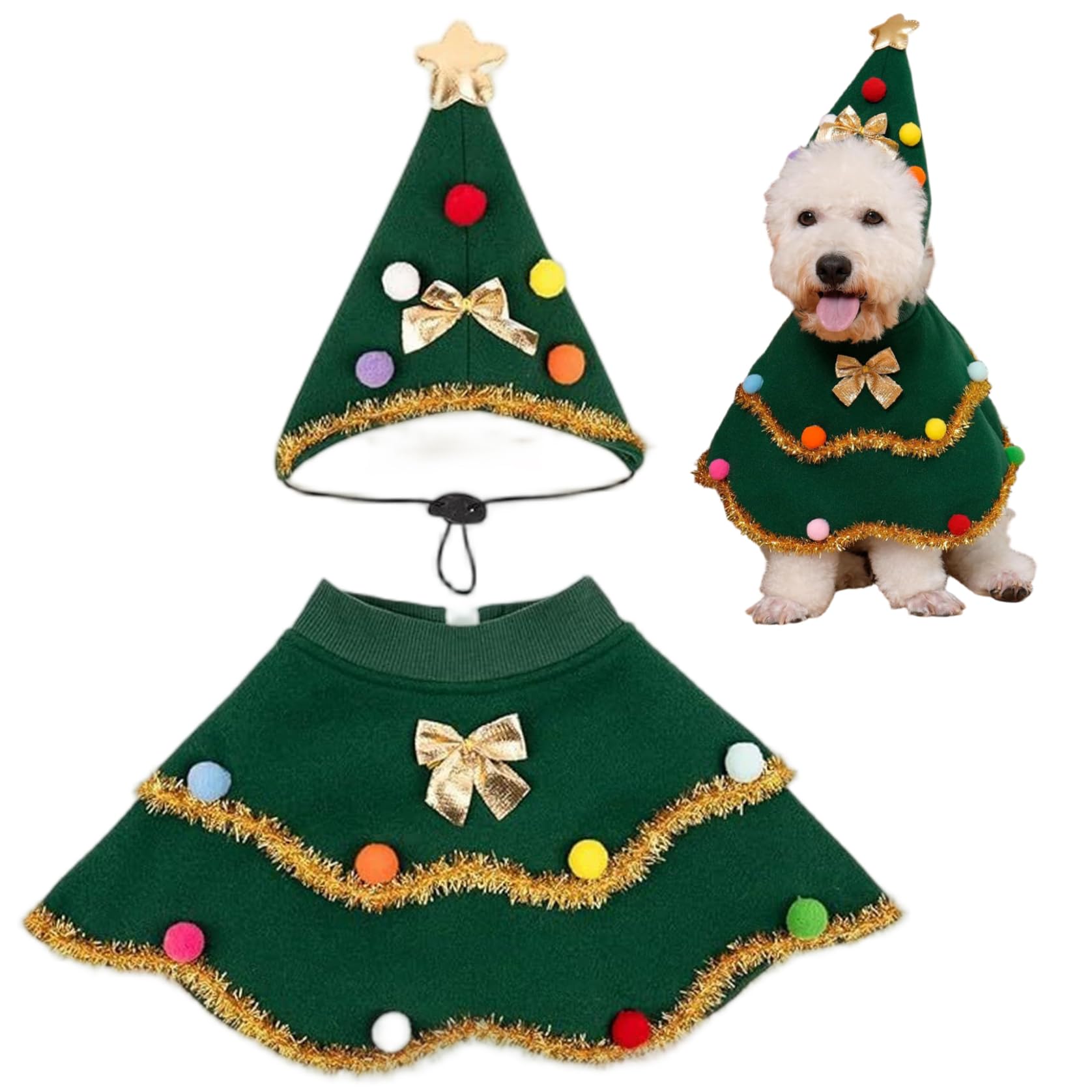 Dog Christmas Outfit Adorable Tree Cloak Christmas Dog Clothes with Hat & Gold Bows & Colorful Pom Cozy Pet Costumes for Your Furry FriendDog Funny Costumes