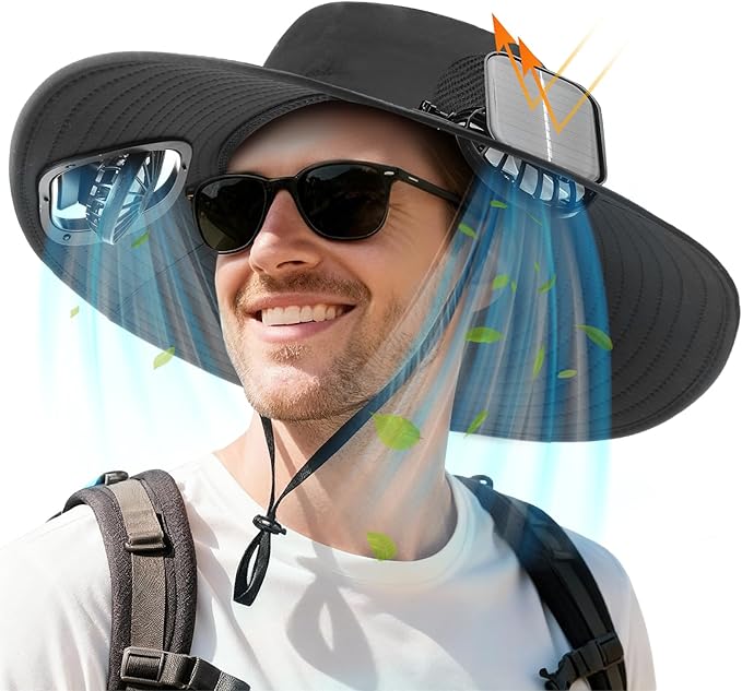 Berlune Solar Fan Hat with 2 Fans for Men Wide Brim Cooling Outdoor Hat Fishing Hiking Bucket UPF 50+ USB &amp; Solar Powered