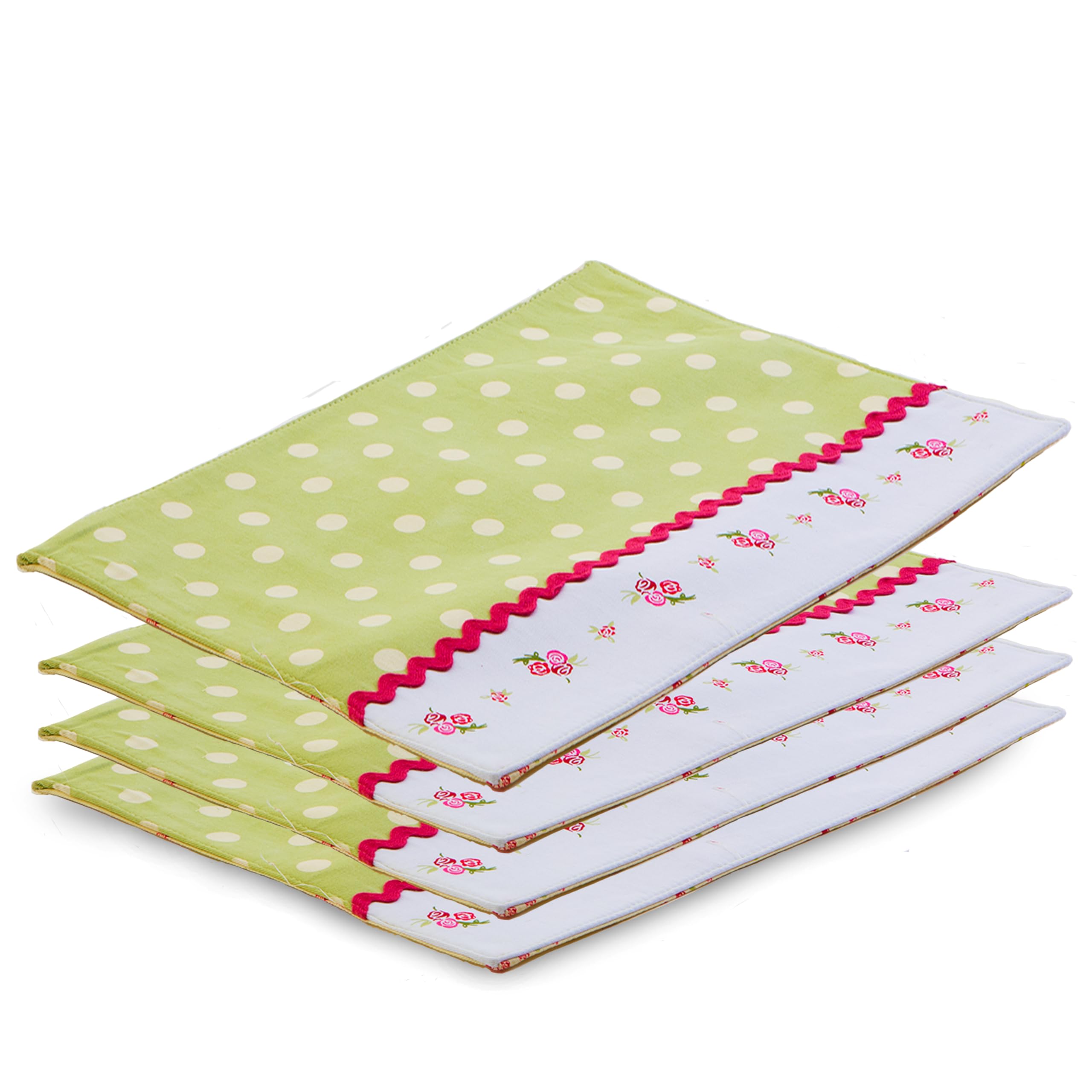 Rose Cottage Placemats Set of 4 - Reversible Table Mats - Green Cream Polka Dot & Rose Design - 30x41cm