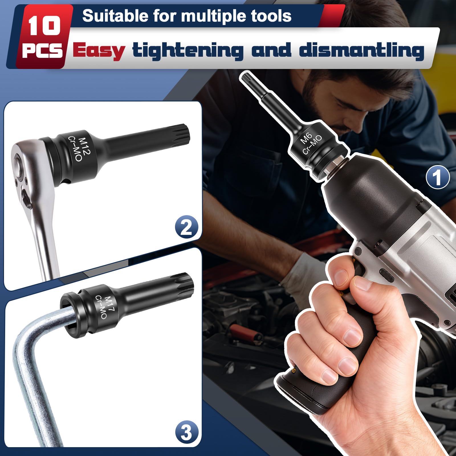 10-częściowy zestaw kluczy nasadowych XZN 1/2", wielozębowy zestaw nasadek 1/2" M5, M6, M8, M10, M12, M14, M16, M17, M18, M19 do klucza dynamometrycznego, klucza grzechotkowego