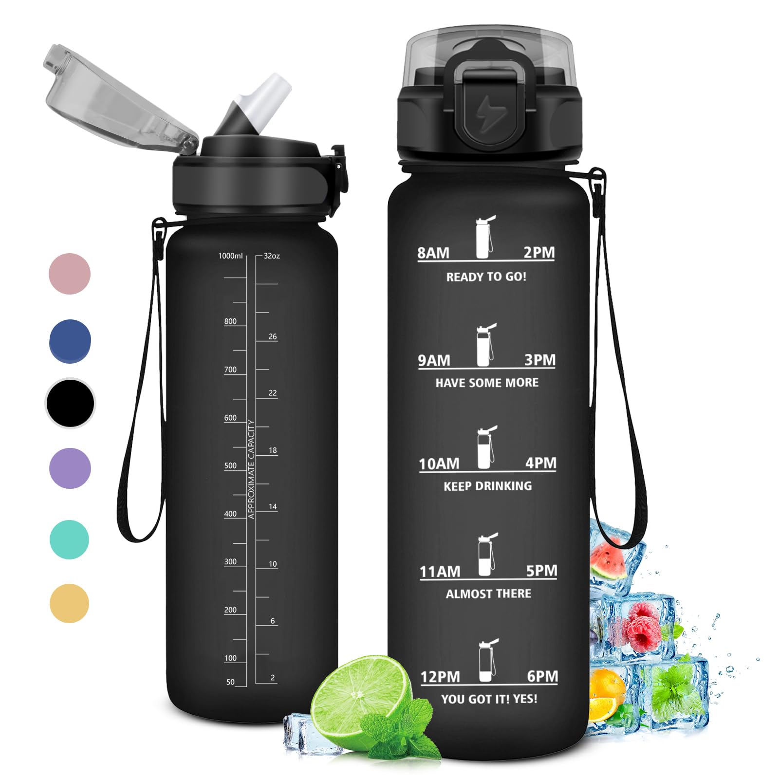 Drinkfles, 1 liter, waterfles met filter, motiverende tijdweergave, herbruikbaar, lekvrij, voor kinderen, sport, sportschool, school, fitnessstudio, kantoor, yoga