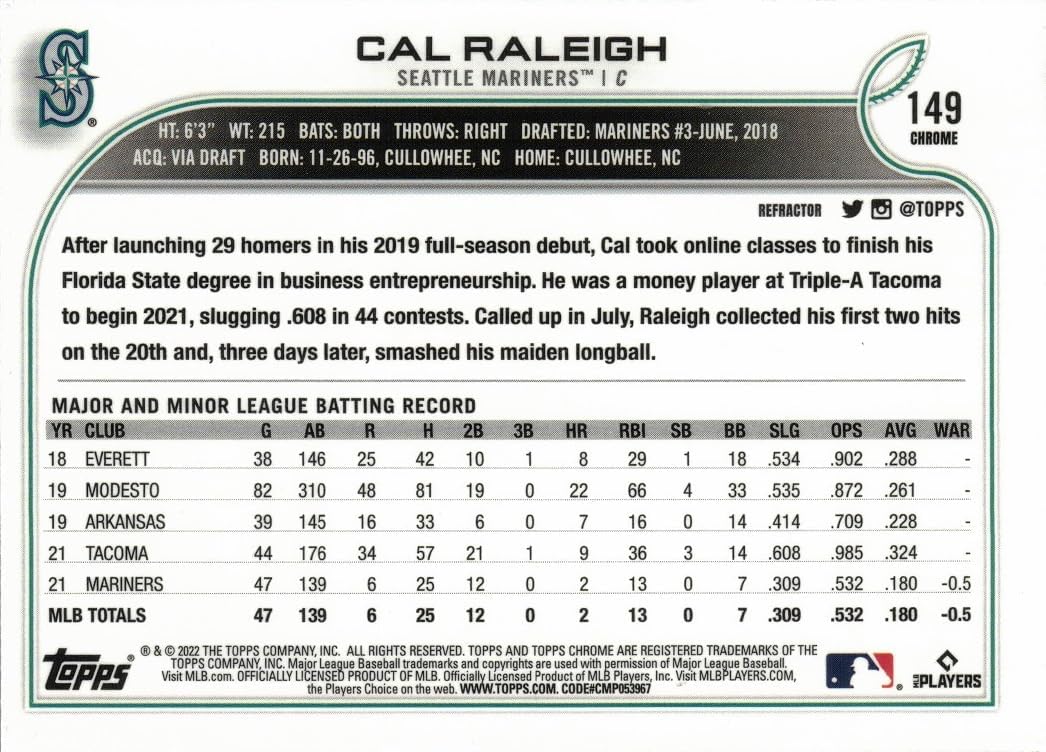 2022 Topps Chrome Refractor Baseball #149 Cal Raleigh Rookie Card