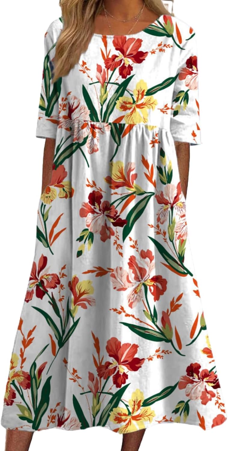 LOAIHA Women's Boho Floral Summer Dress Casual Loose Crewneck Short Sleeve Maxi Dress Beach Vacation Dresses with Pockets