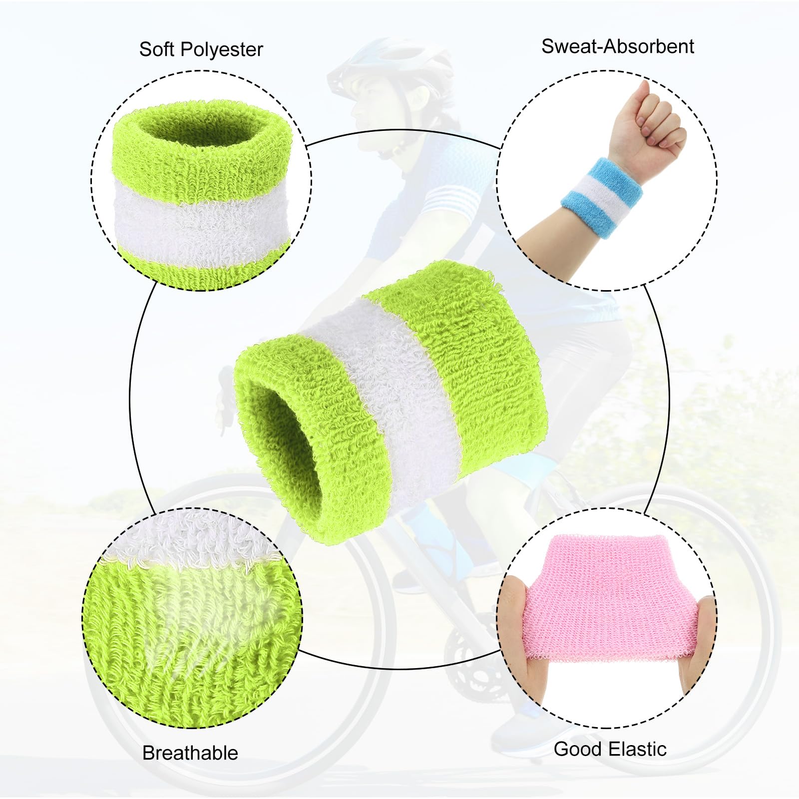 QUARKZMAN Bracelets De Sport, 12 Pack Bandes Absorbantes De Transpiration pour Hommes Et Femmes Tennis Basketball Course, Vert Fluorescent Blanc