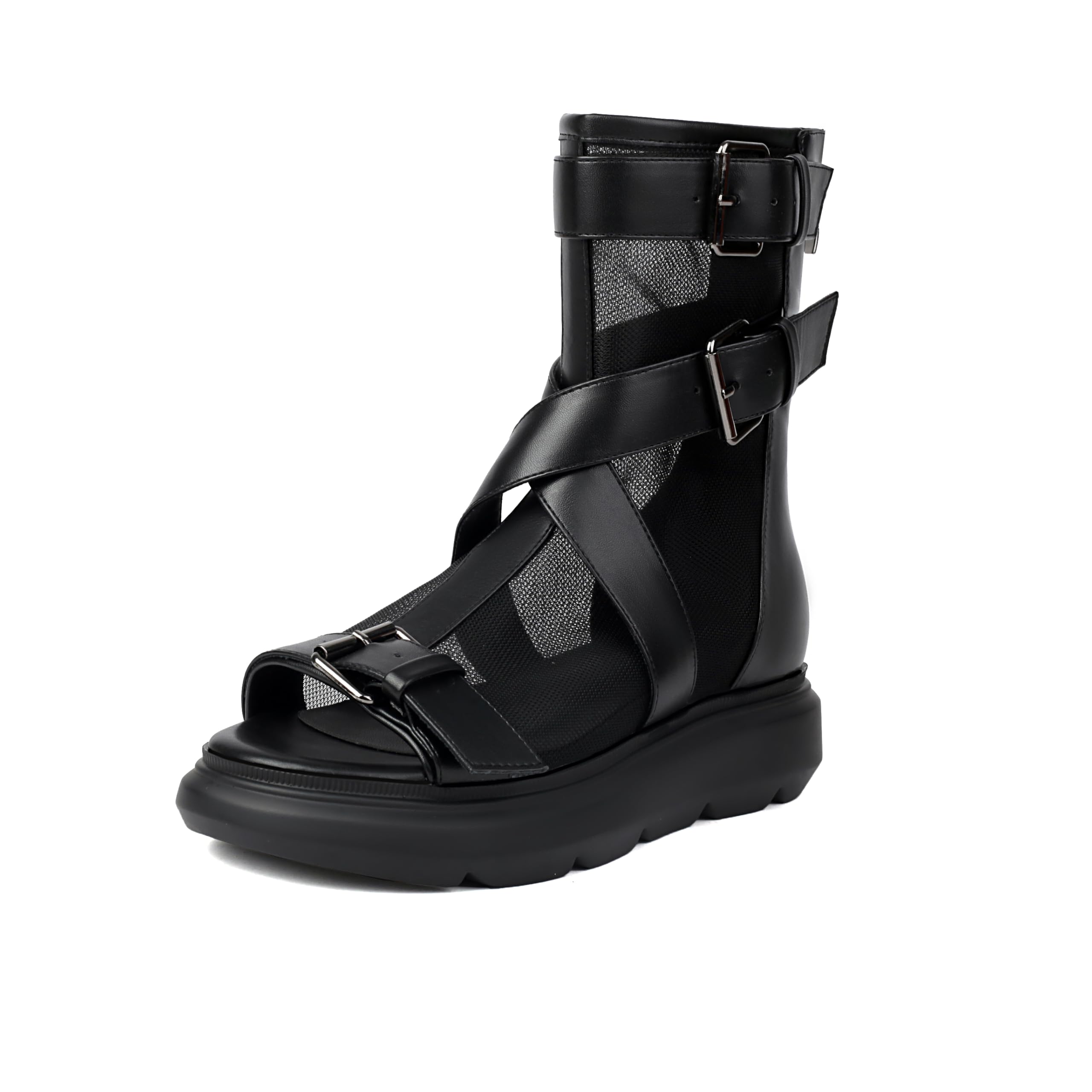 Feinlina Schwarz Leder Mesh zehenfreie Schuhe Flache Plateausandalen mit Schnallenriemen Hinterer Reißverschluss Bequeme Reiseschuhe